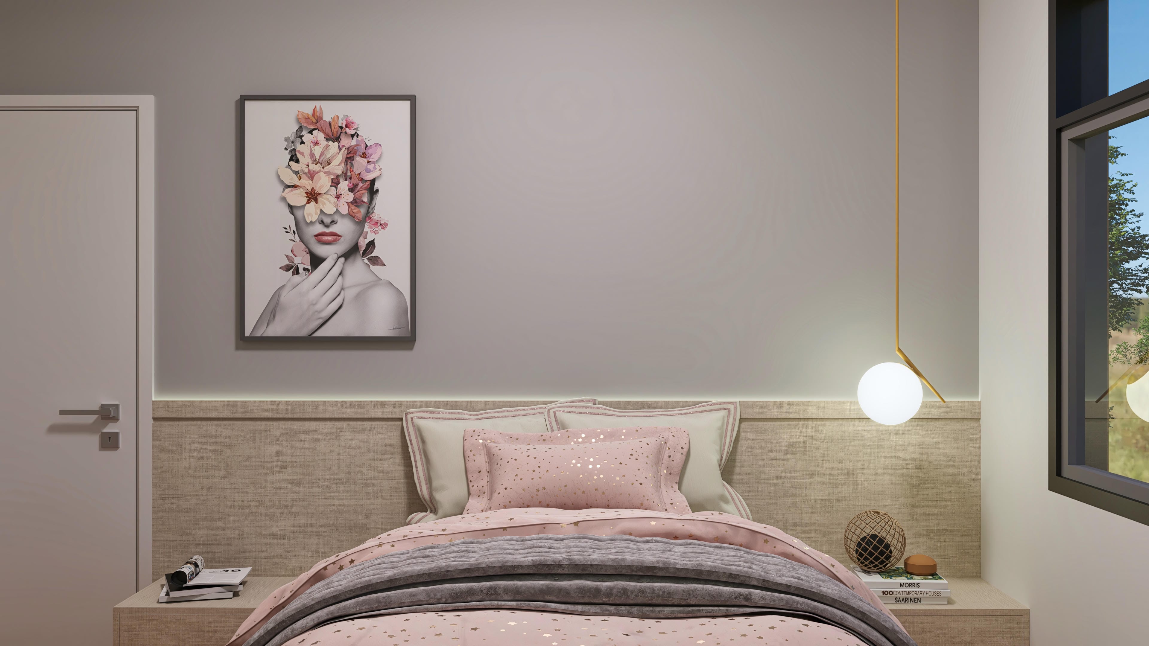 Detalle de un cuarto de casa moderna, con cama confortable, cabecero en madera texturizada e iluminación empotrada. La decoración incluye un cuadro artístico, ropa de cama en tonos pastel y una ventana amplia.