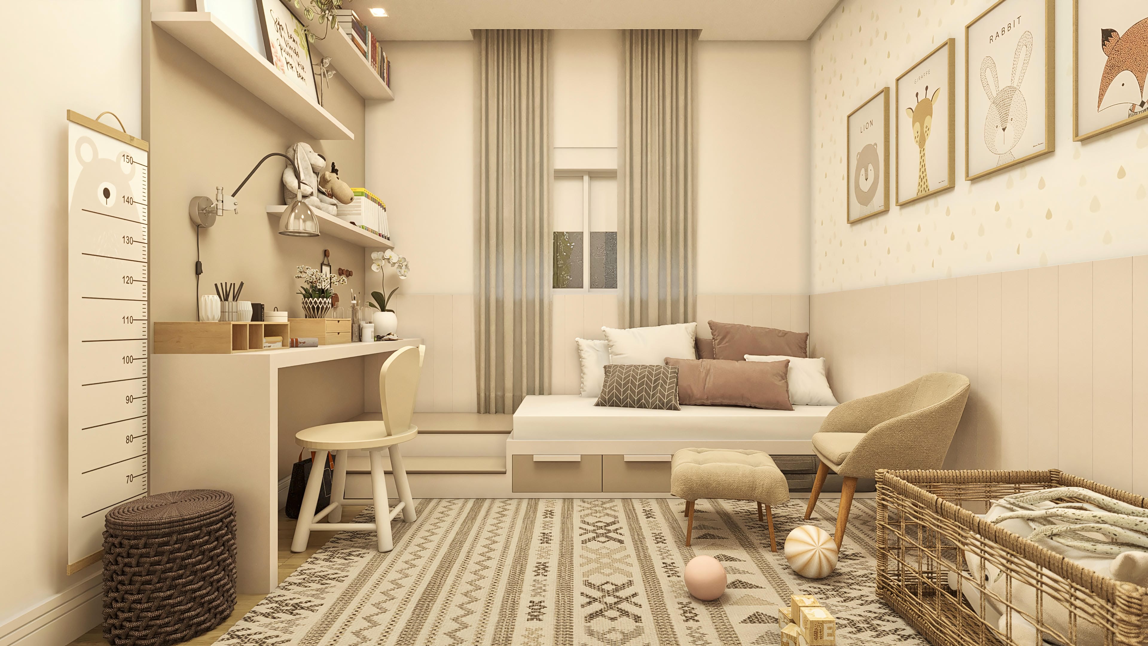 Detalle de dormitorio infantil con decoración en tonos neutros, incluyendo estantería con libros y objetos decorativos, escritorio, silla, alfombra con estampado geométrico y una cama compacta con almacenamiento.