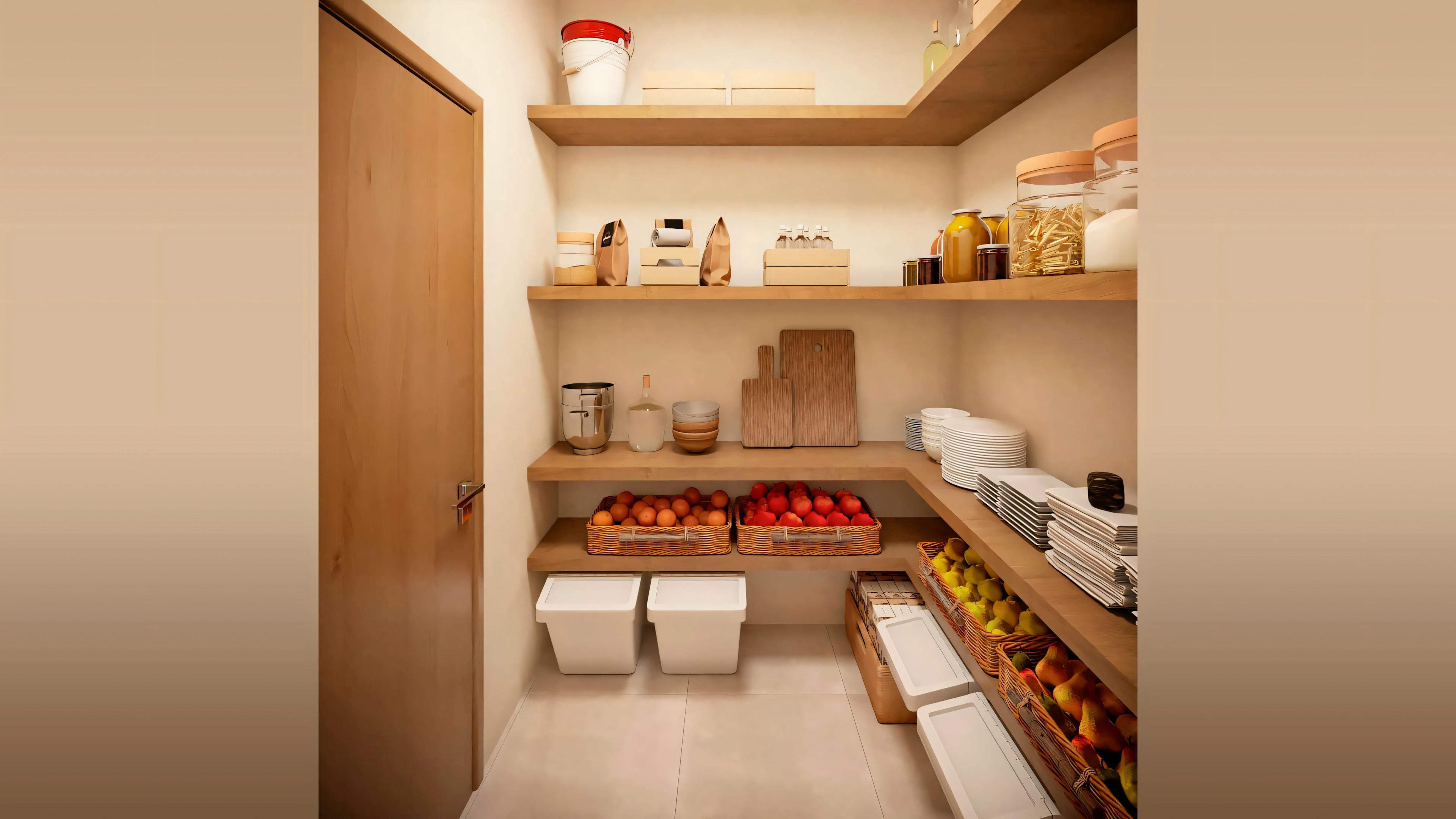 Despensa moderna con estantes de madera, surtida con alimentos y utensilios de cocina.
