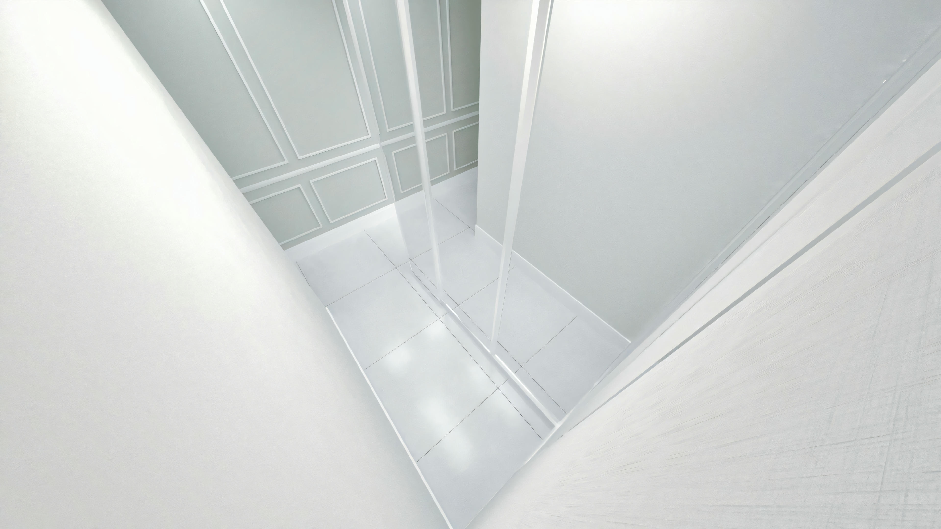 Close-up view of a corner of a cabinet or furniture piece with shelves, highlighting the clean lines and a right-angle joint of two white panels.