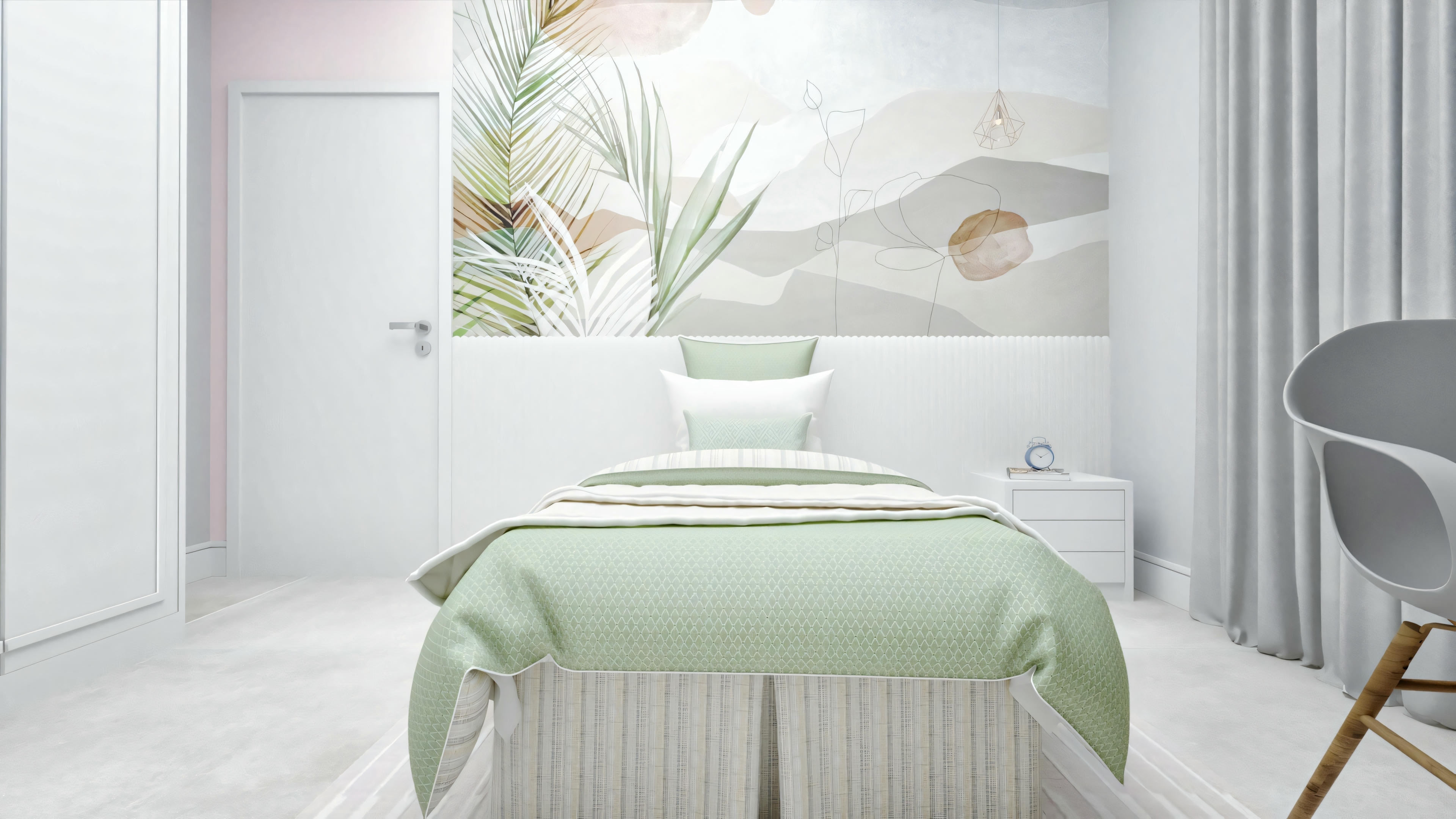 Dormitorio moderno con cama arreglada, paredes claras y una obra de arte enmarcada encima de la cama.