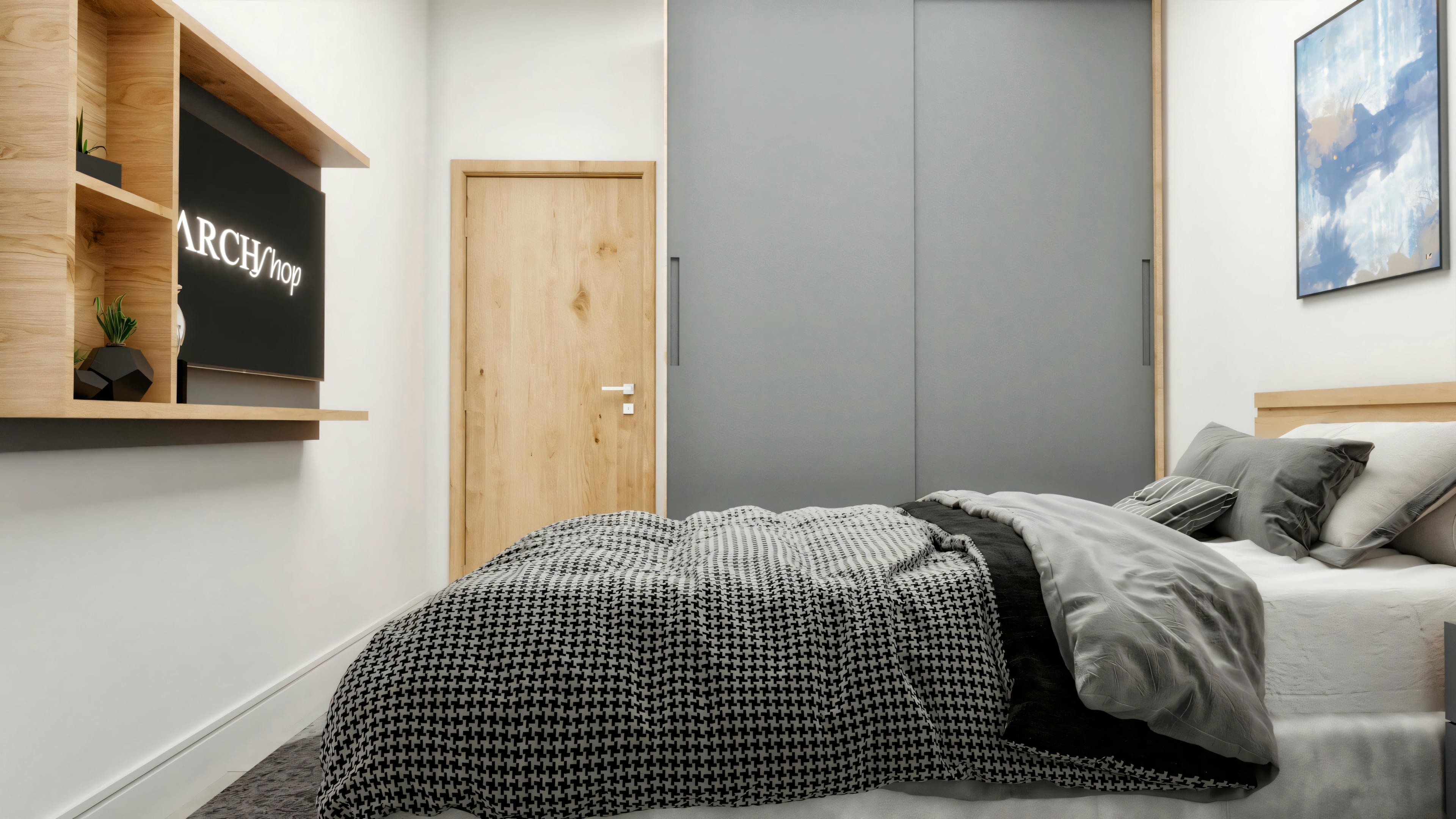 Dormitorio individual en casa de campo con cama de madera clara, armario con puertas corredizas grises y estantes decorativos.