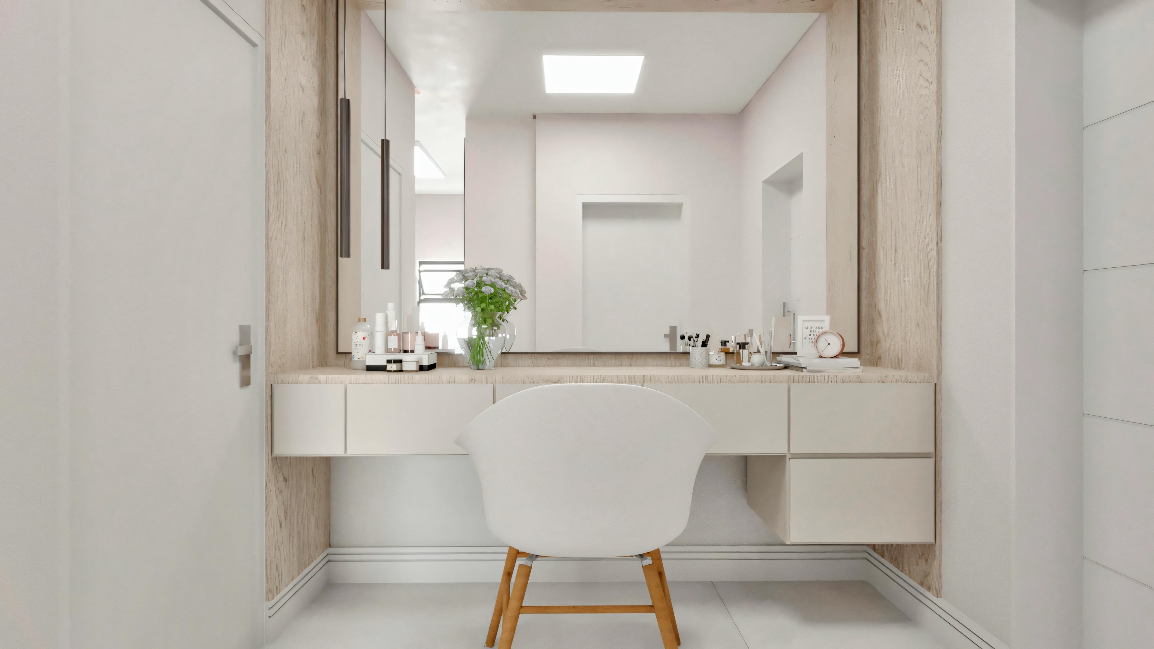 Dormitorio con tema branco, apresentando uma mesa redonda branca, uma cadeira simples e um espelho acima da mesa.