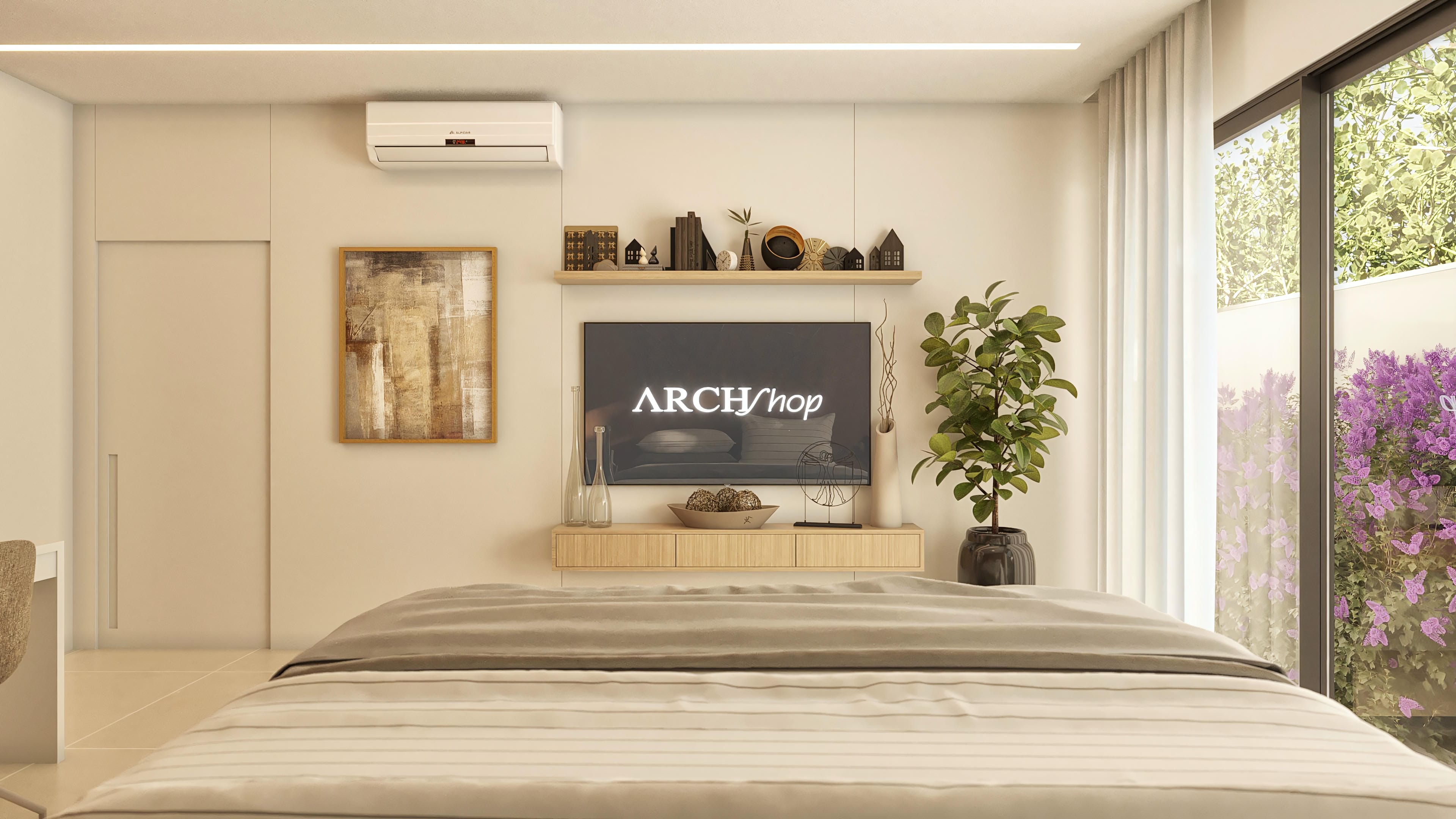 Dormitorio moderno con cama cómoda, panel de TV con nichos y obras de arte, aire acondicionado y amplio ventanal con vista al jardín exuberante y flores púrpuras.