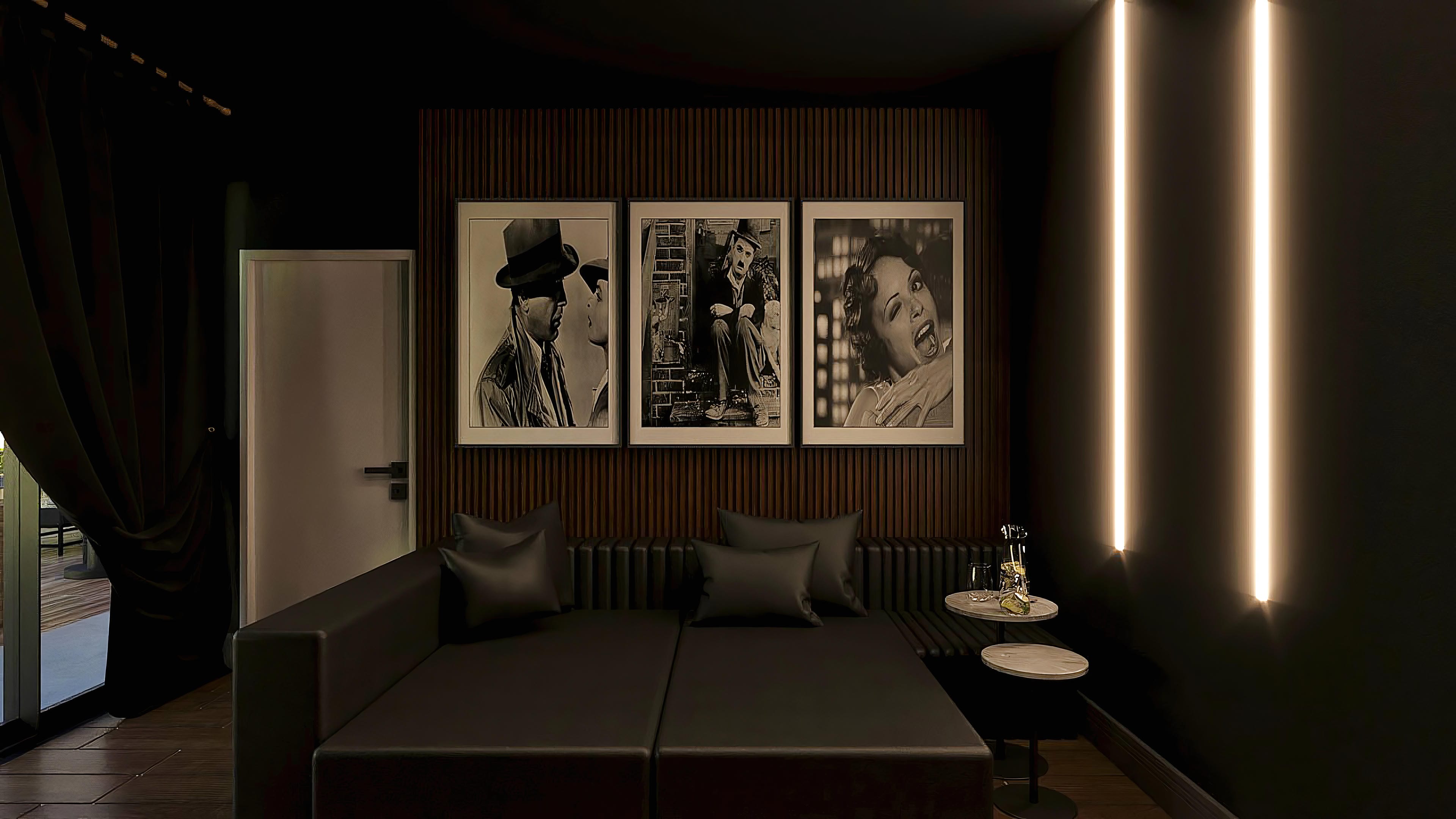 Internal environment with neoclassical sophistication, featuring black and white artwork and modern lighting.