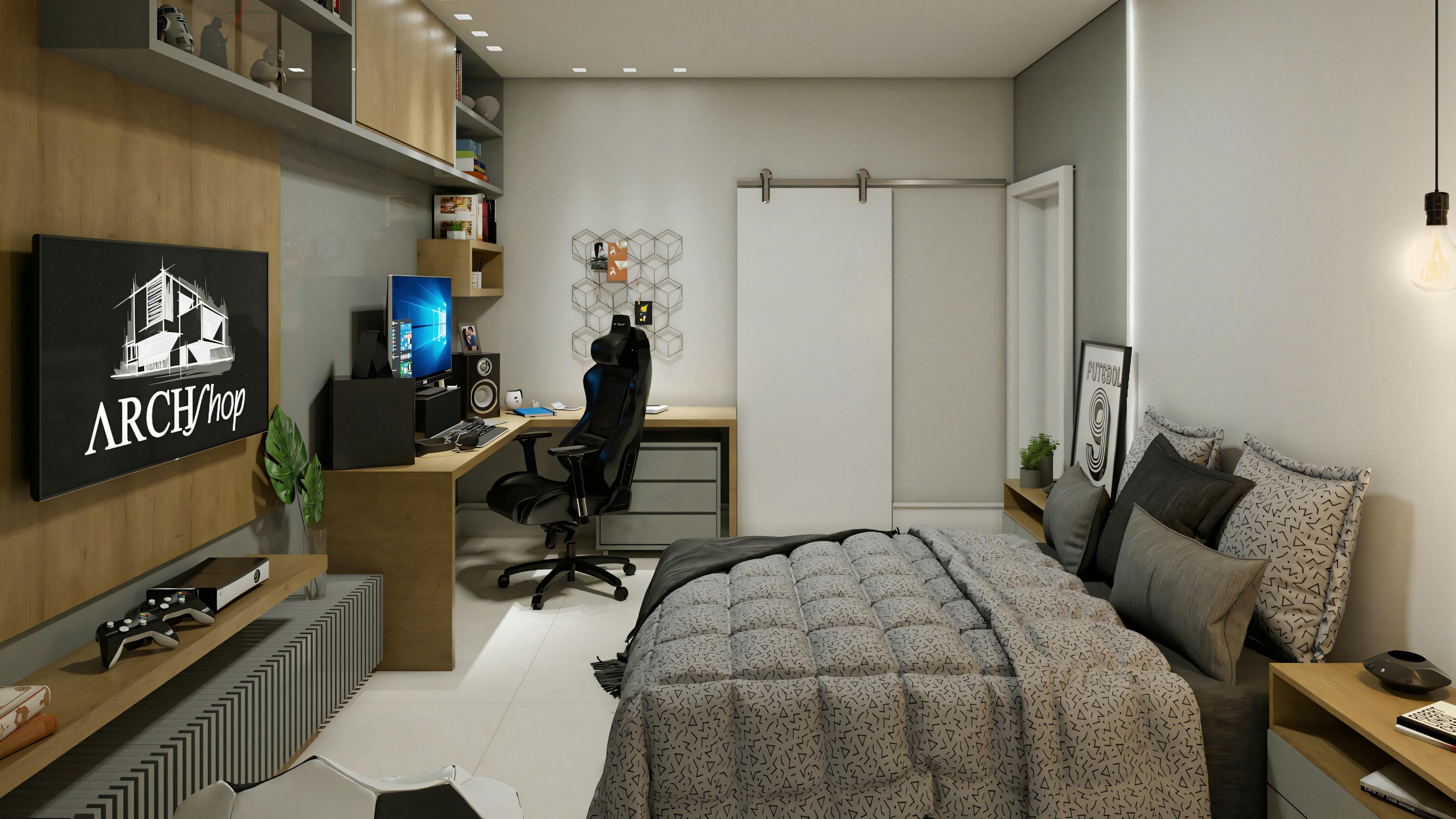 Una habitación moderna con una cama grande, mesitas de noche y obras de arte en la pared.