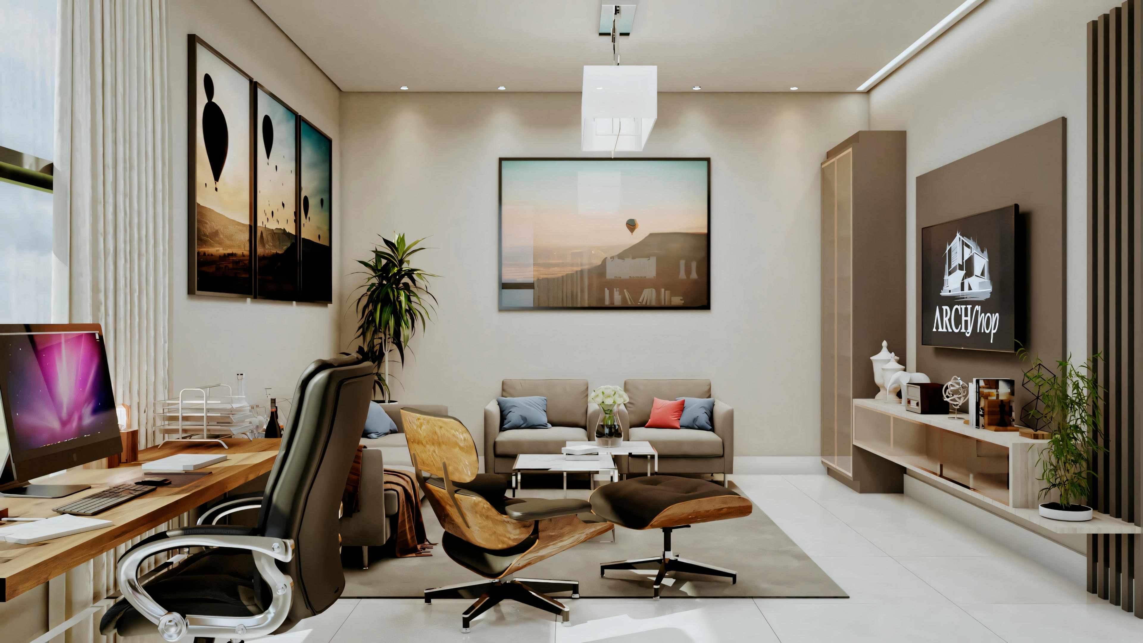 A well-lit home office with a desk, computer, chair, and various decorative items, suggesting a modern and comfortable work environment.