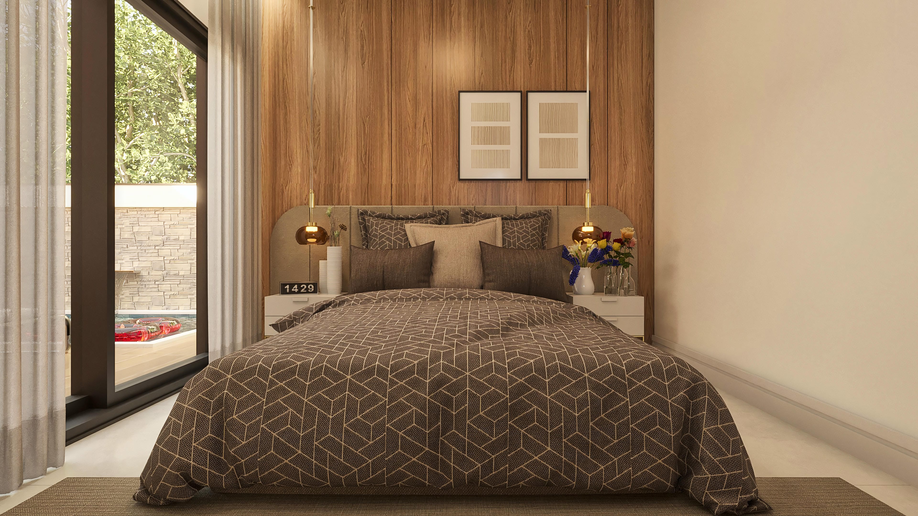 Interior de habitación moderna con cama amplia, panel de madera en la pared, iluminación sutil y vistas a la piscina y área externa.