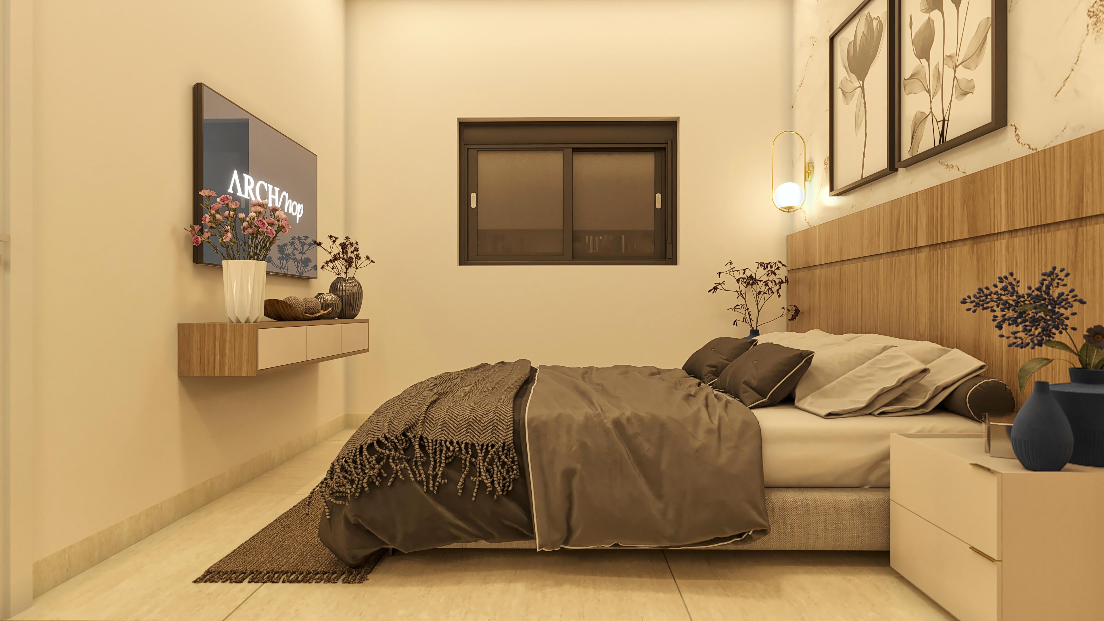 Interior elegante de suite con pared en tonos neutros, destacando el cabecero en madera alistonada y objetos decorativos sofisticados.