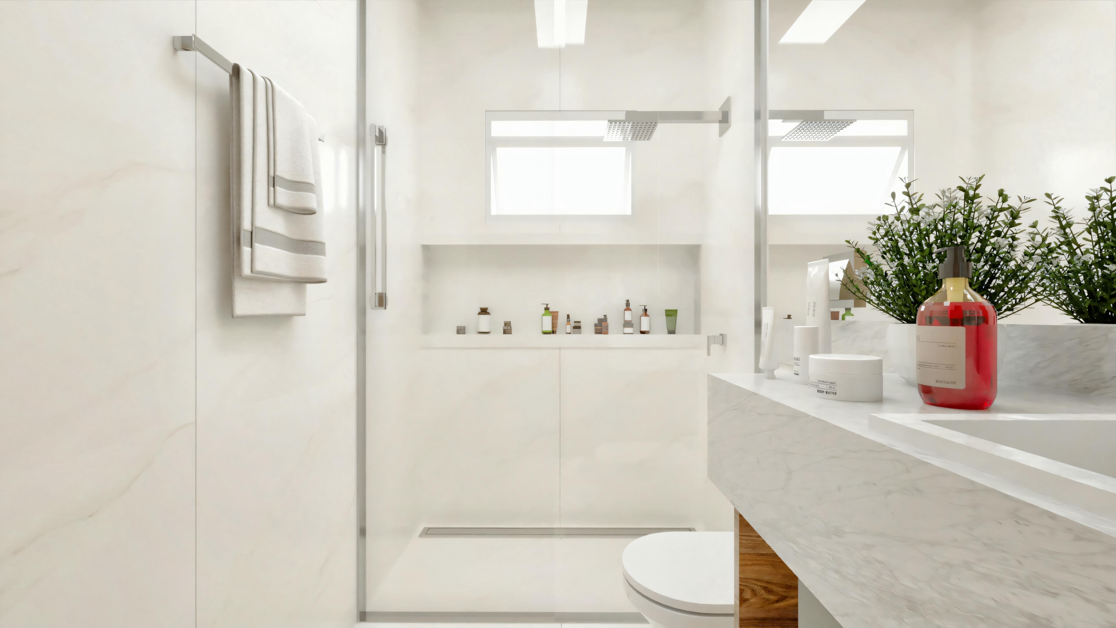 Close-up of the modern bathroom shower enclosure with a built-in niche, light-colored coatings, and part of the countertop with a sink and plants, a detail of a neoclassical house project.