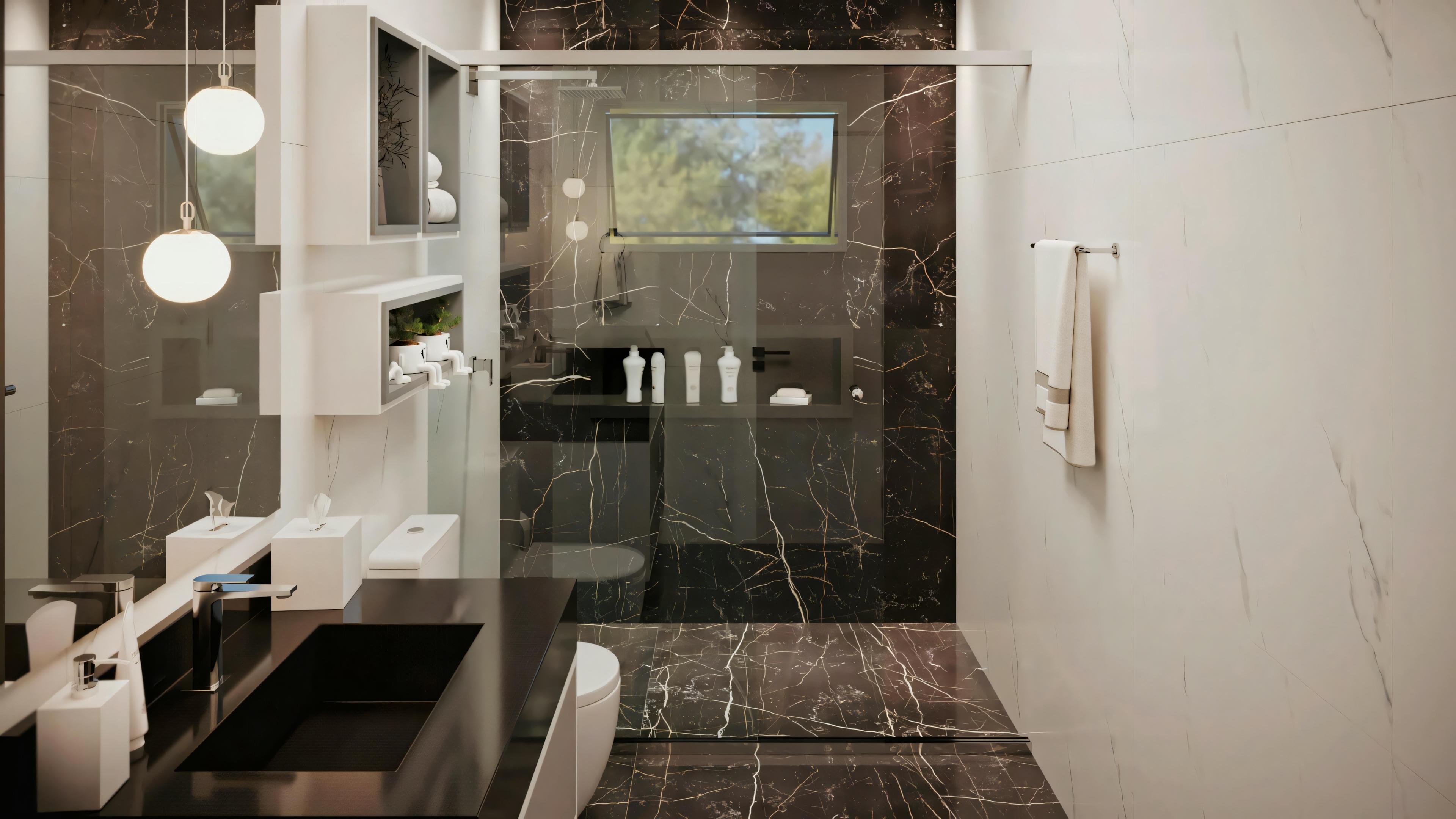 A modern bathroom with double sinks, mirrors, a glass-enclosed shower area, and a dark tile floor.