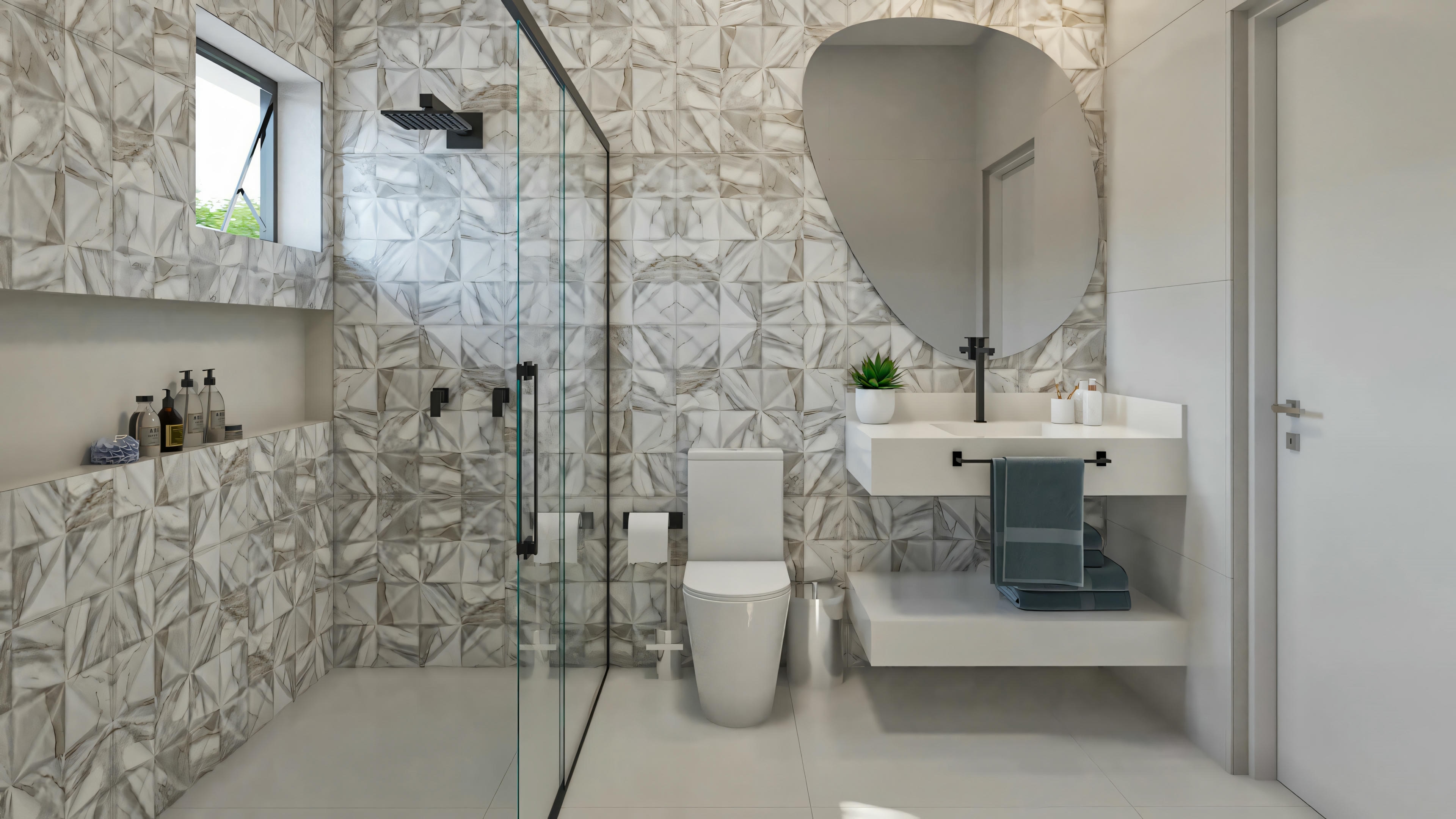 Bathroom with sink, round mirror, and additional details like toiletries and a wall-mounted light fixture.