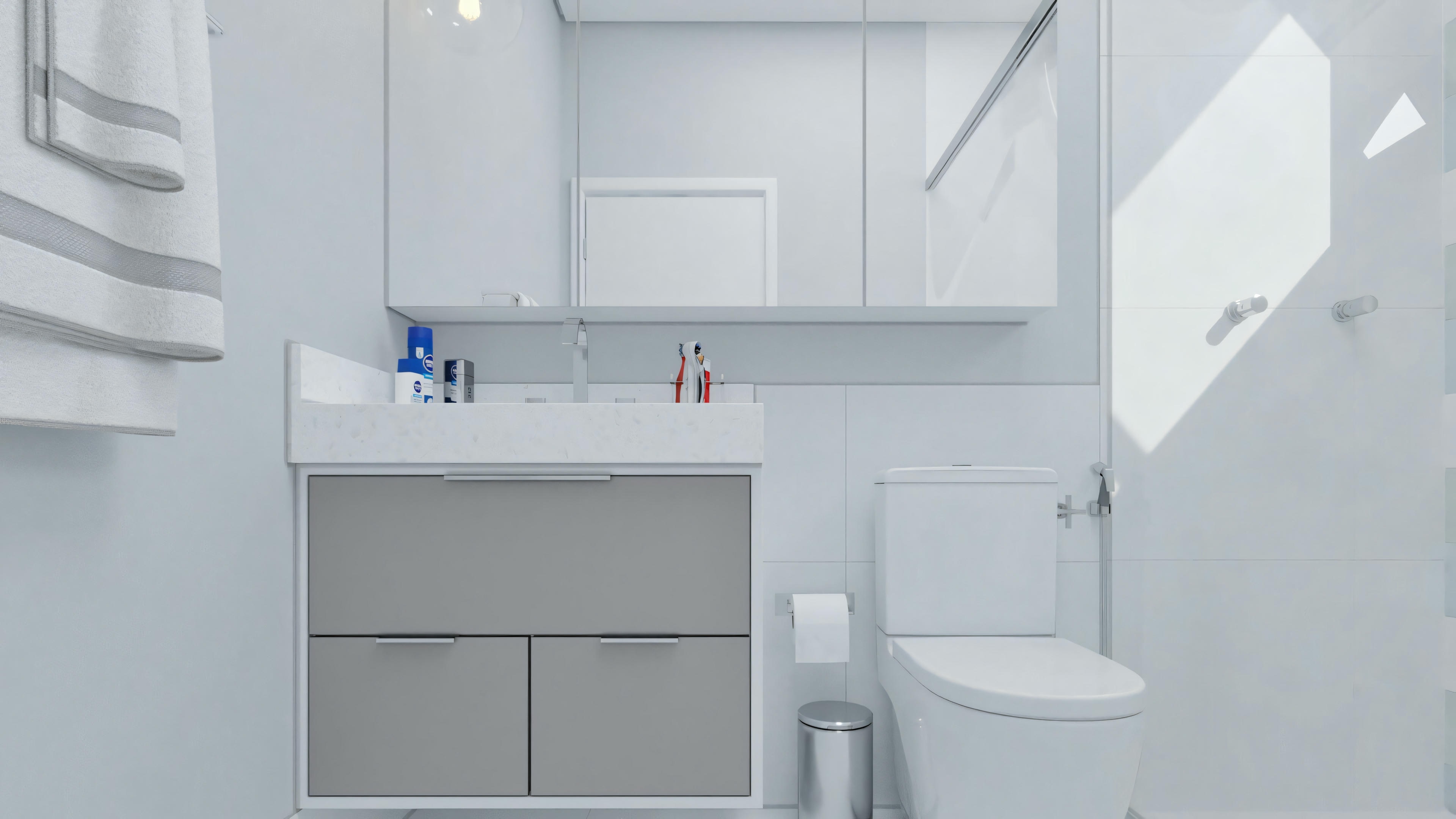 A bathroom with white fixtures, including a sink, toilet, and cabinets.