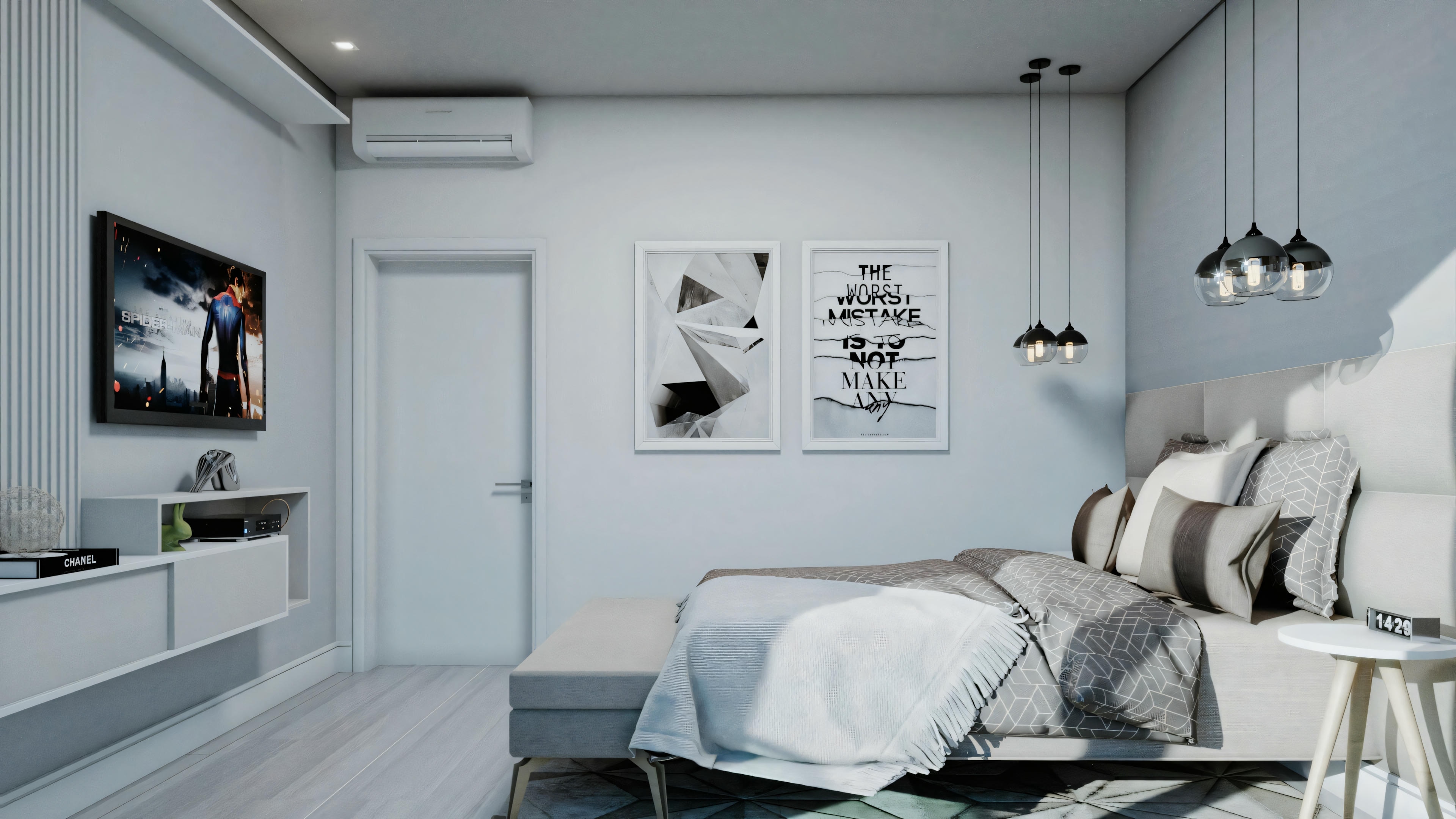 Modern bedroom with a bed, side tables, and wall art.