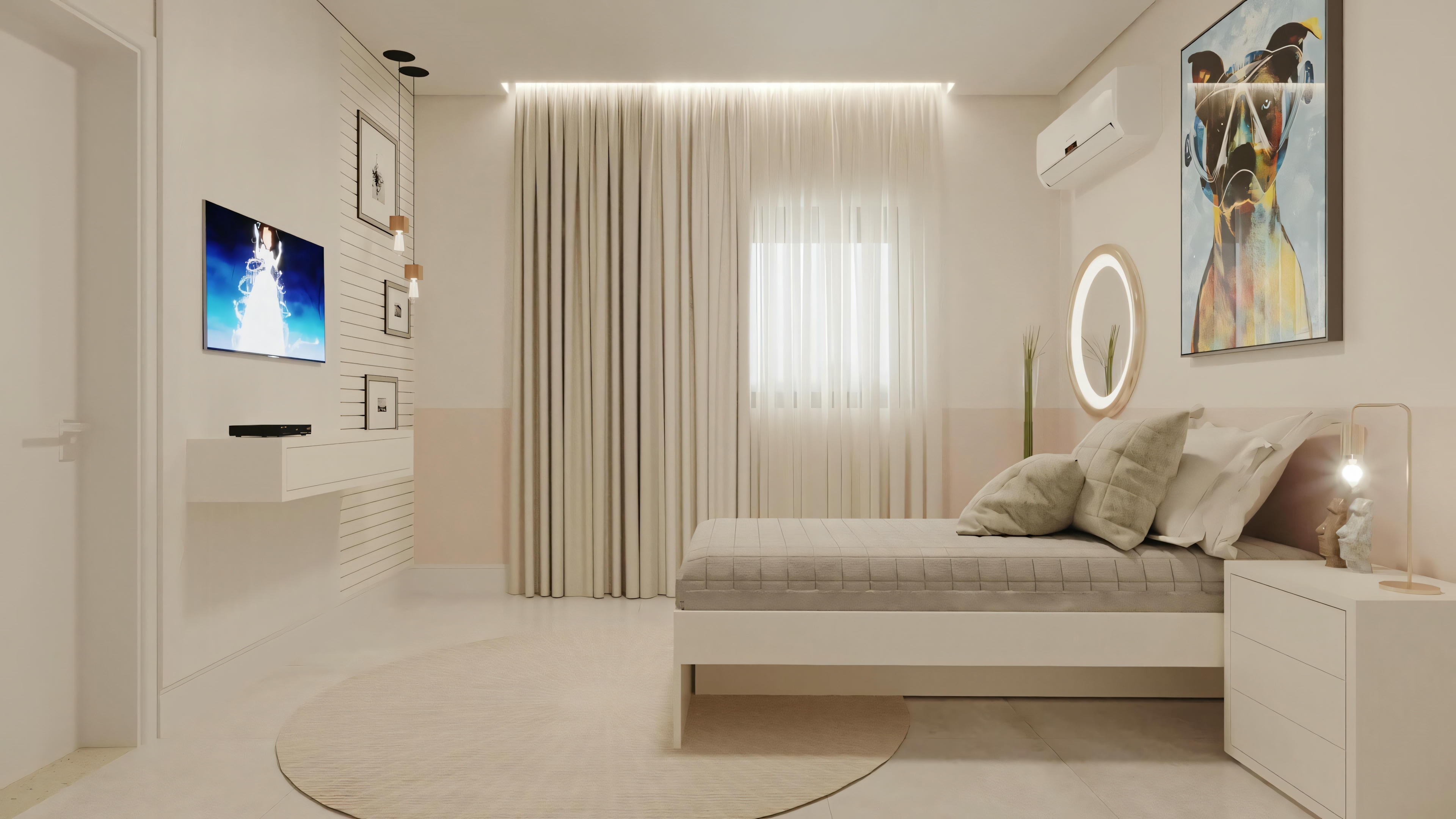 A bedroom with a similar color scheme, featuring a television on the wall opposite the bed and a seating area near the window with rounded benches.