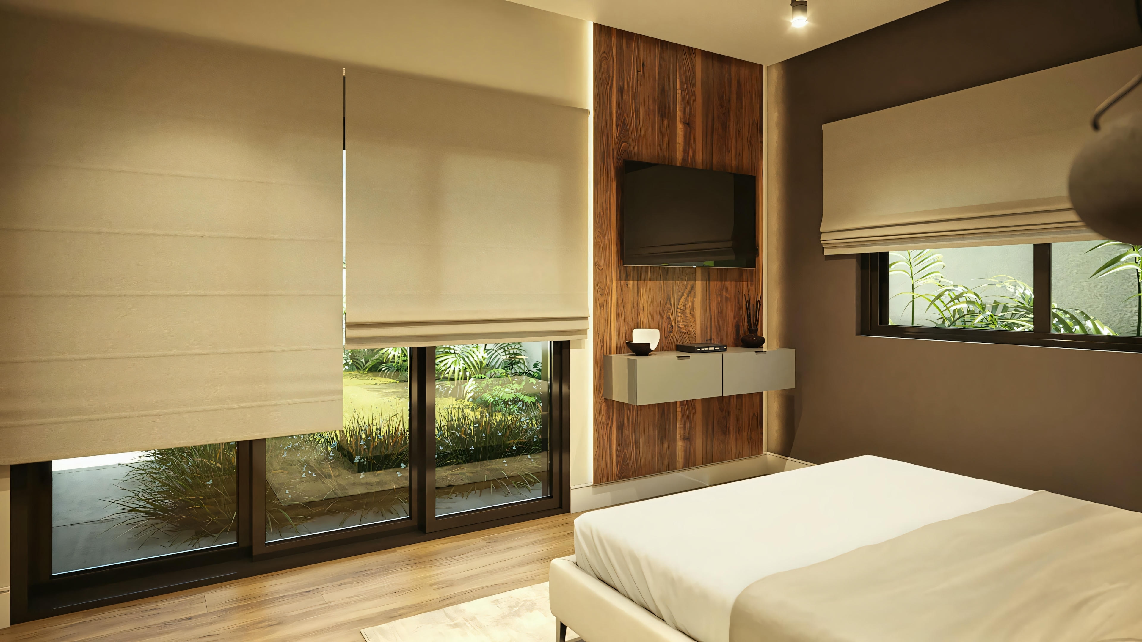 Modern bedroom with a large window, providing plenty of natural light. The room features a bed with white linens, wooden cabinets, and shelves.
