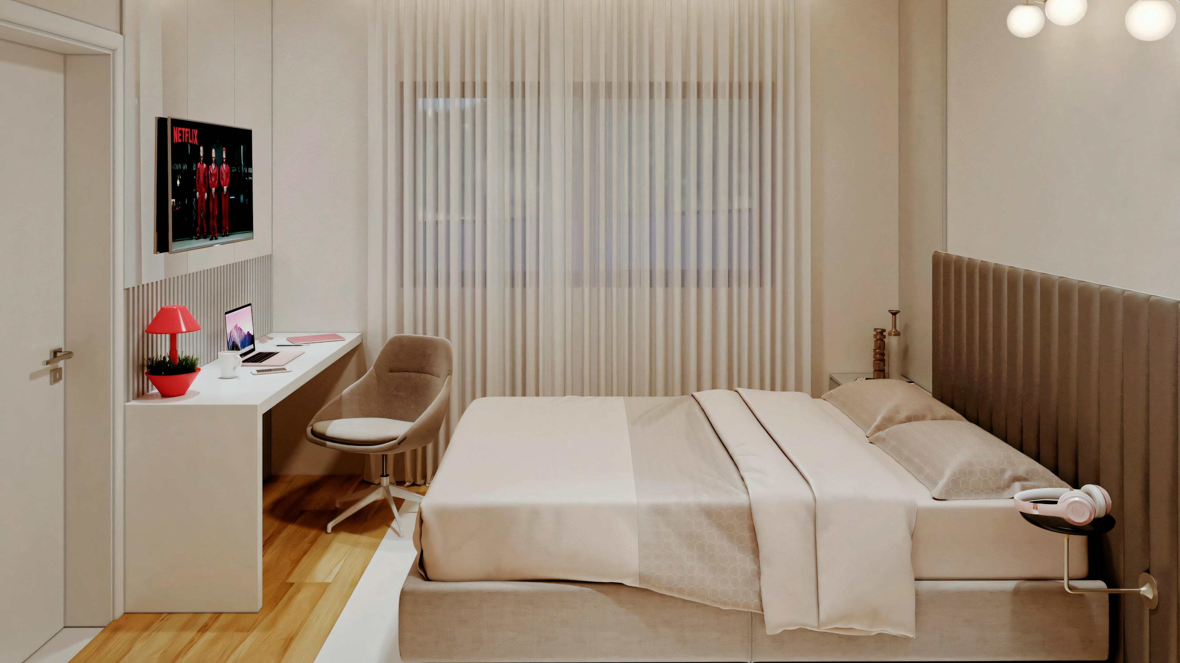 A tidy bedroom with a made bed, a nightstand with a lamp, and striped wallpaper.