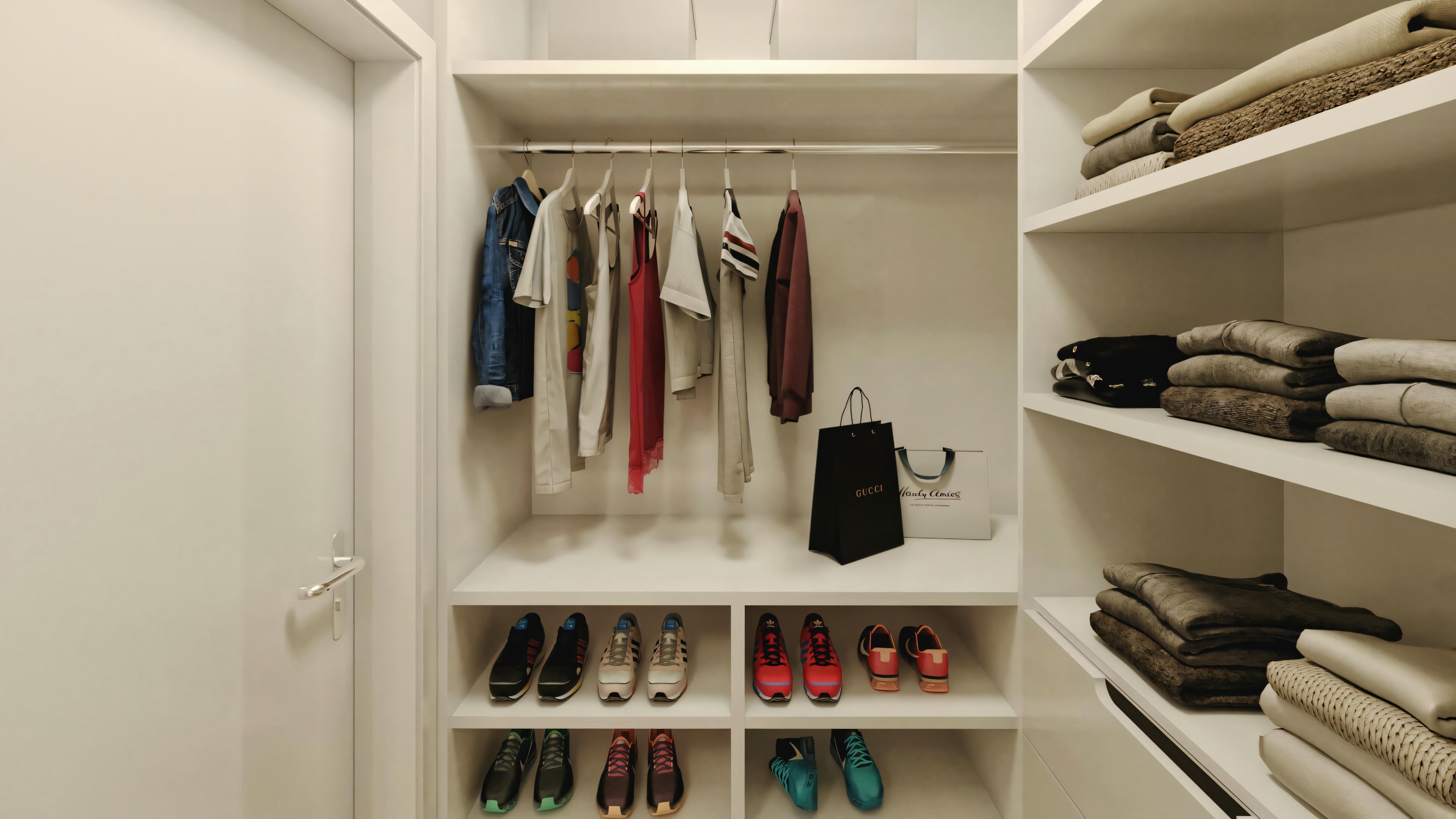 An organized closet with various clothes hanging and folded, and shoes on shelves.