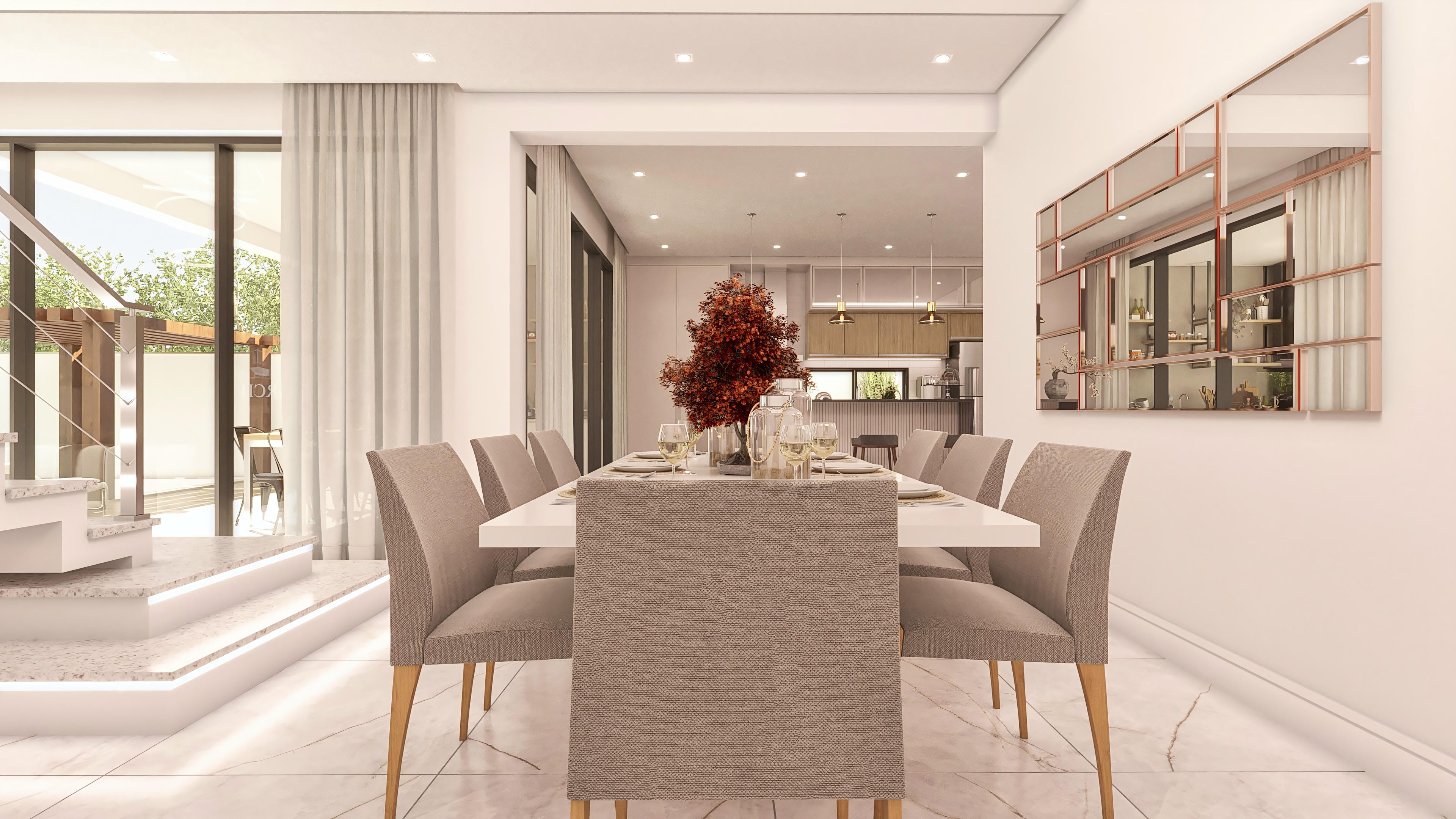 Interior of a modern two-story house with an elegant dining room, decorative mirror, and access to the gourmet area with a pool.