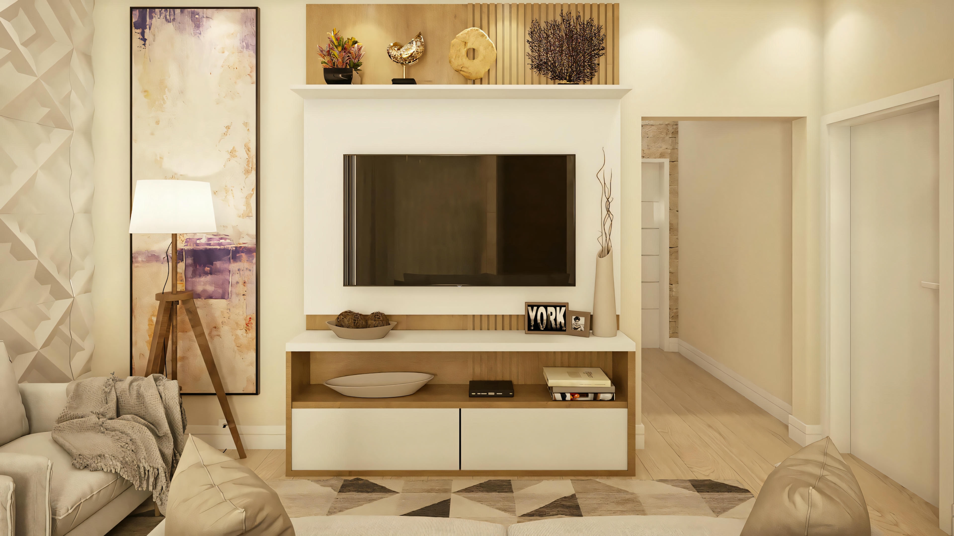 A modern living room with a television on a stand, a sofa, and an armchair. There are also sliding doors in the background.