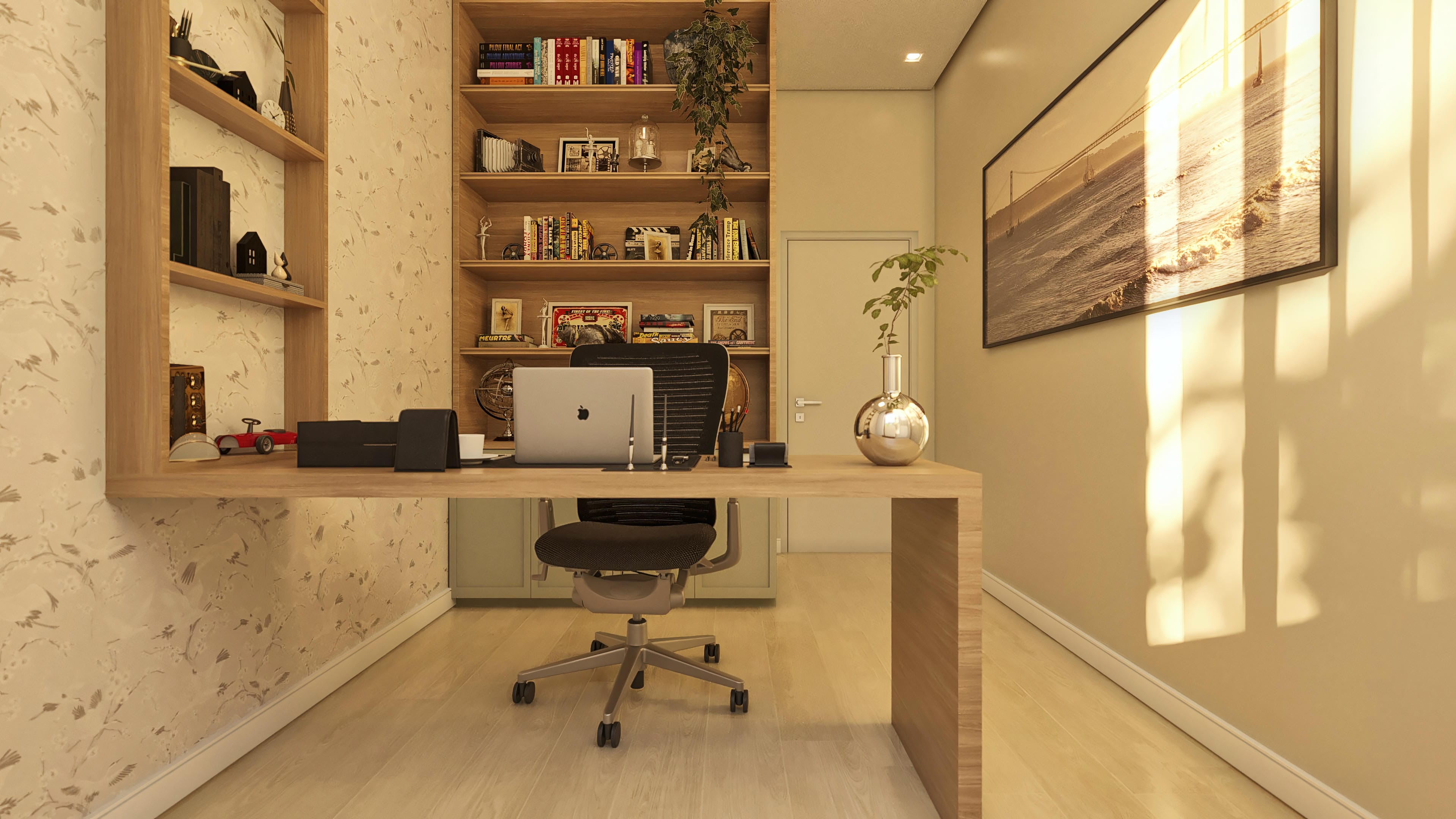 Detail of a modern office with light wood desk, black ergonomic chair, bookcase with wood niches, and textured floral wallpaper.