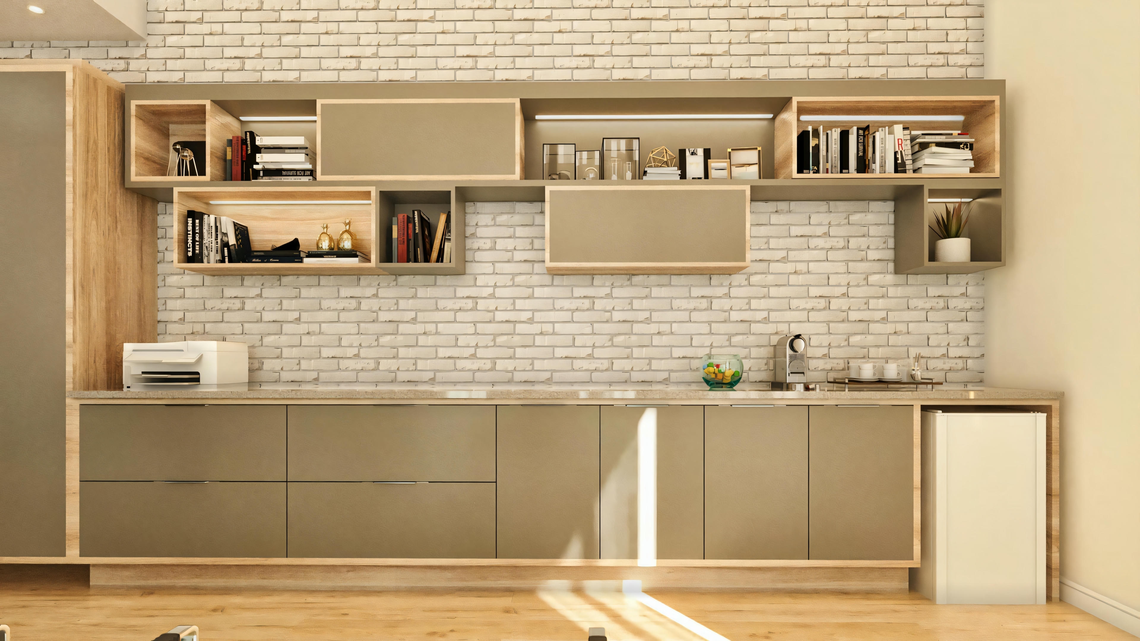 Office or pantry in a modern house project, with planned upper and lower cabinets, decorative niches, work/support countertop, brick-effect wall cladding, and wooden flooring.