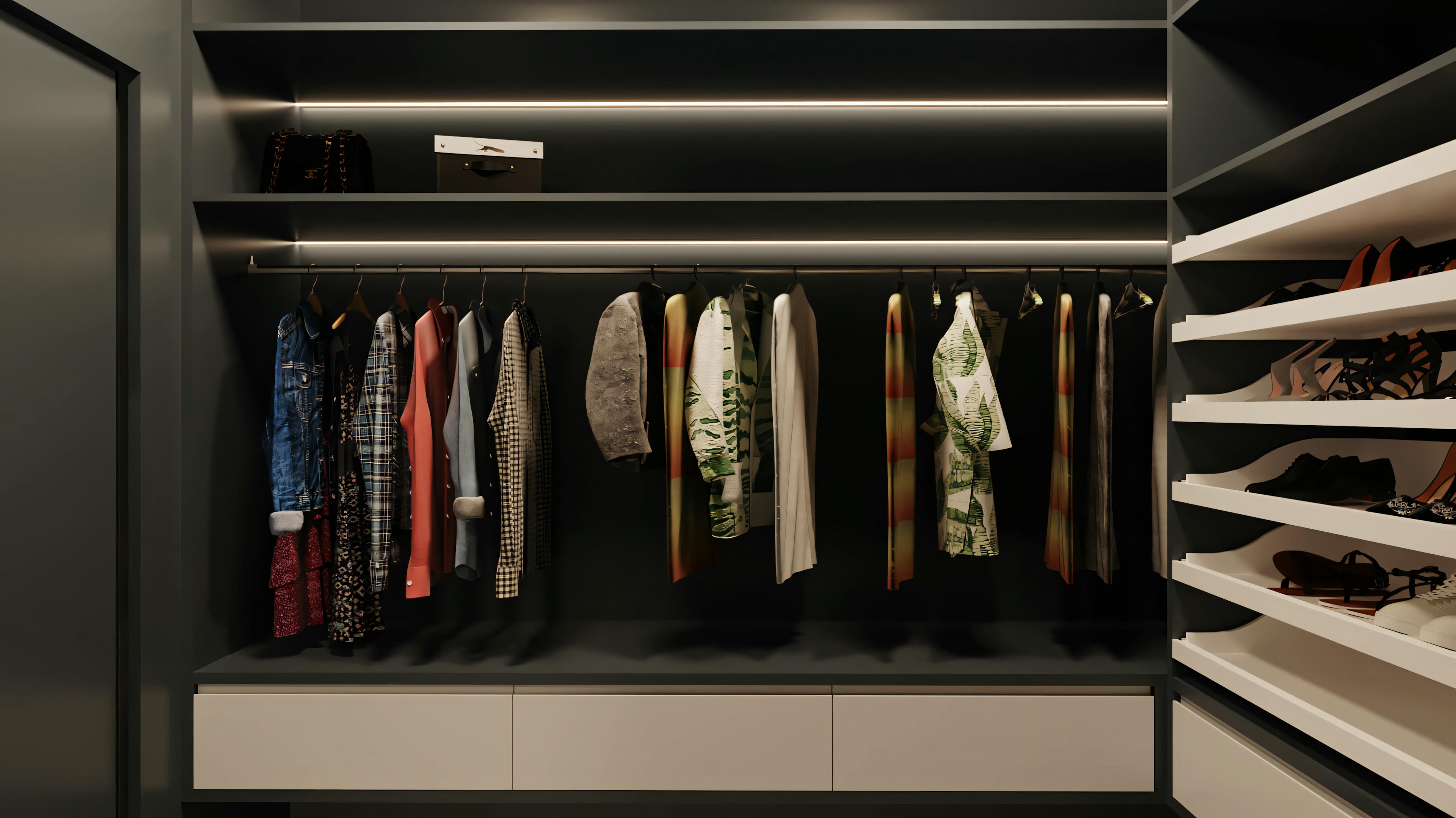 A well-organized closet with various articles of clothing hanging and folded, illuminated by built-in lights.