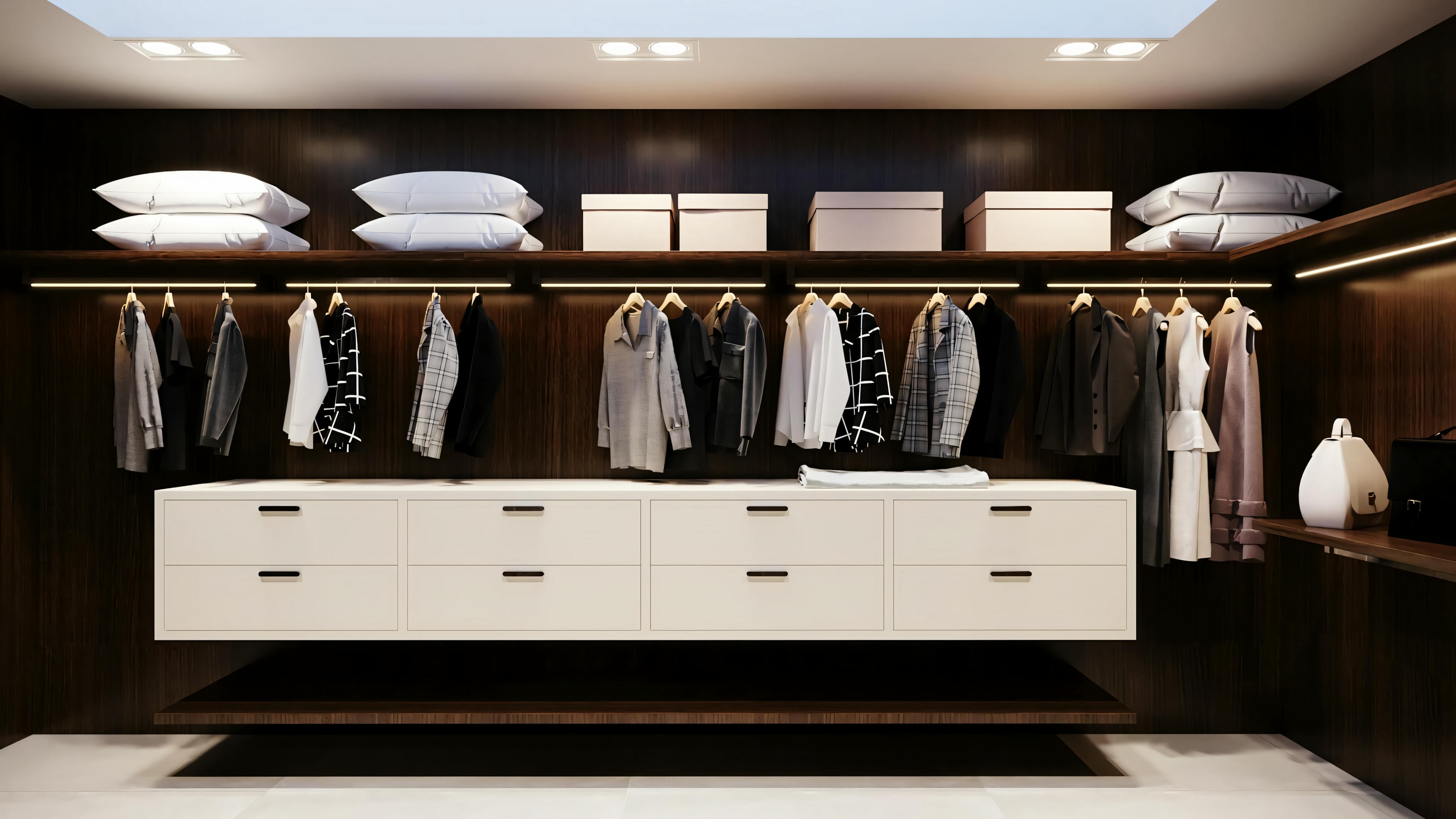 An organized closet with clothes arranged on shelves and hanging sections.