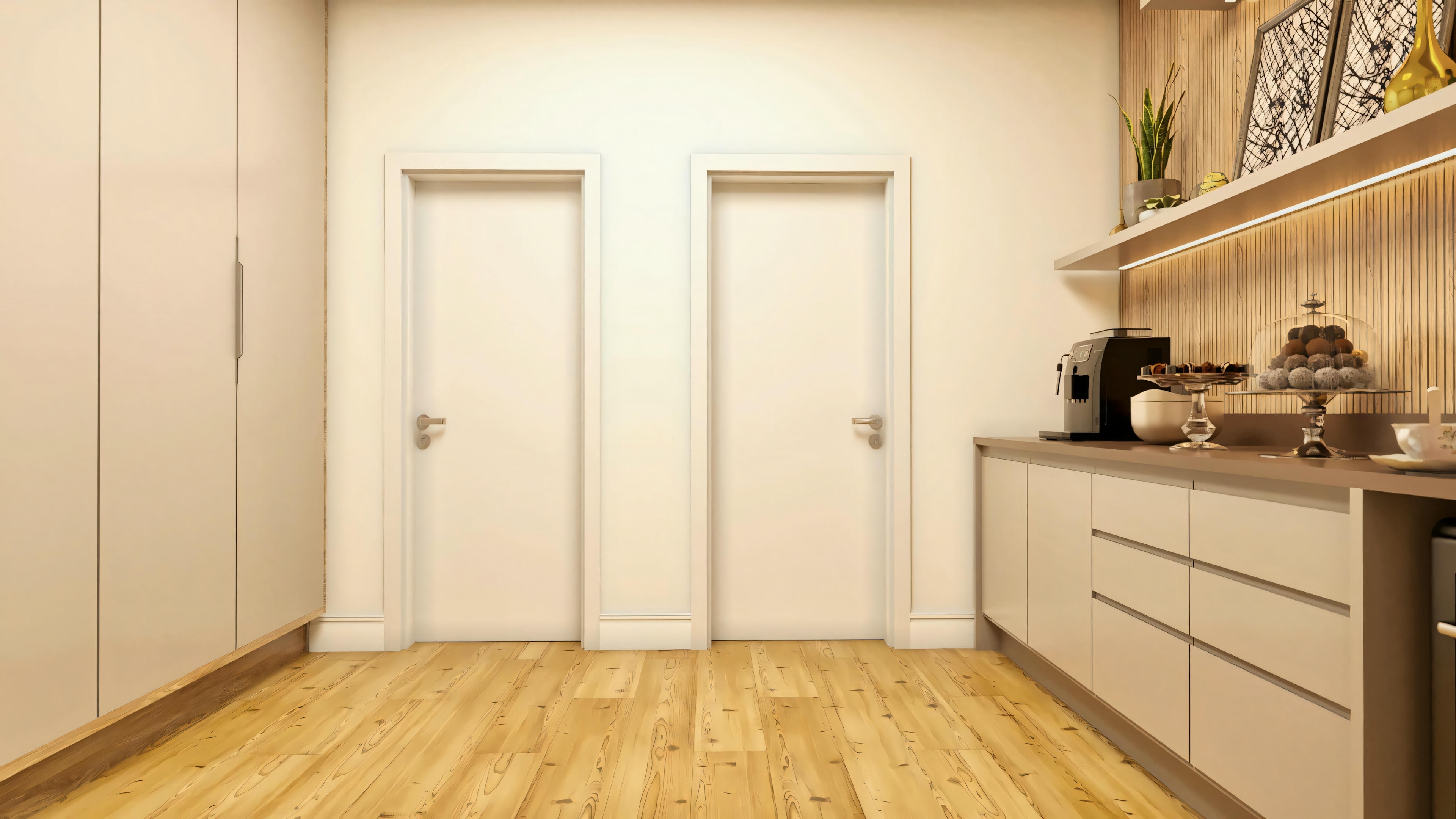 Final del pasillo en el proyecto arquitectónico de la casa de dos pisos, exhibiendo piso de madera, dos puertas blancas de acceso a los ambientes, armarios empotrados con puertas lisas a la izquierda y parte del mueble del rincón del café a la derecha.