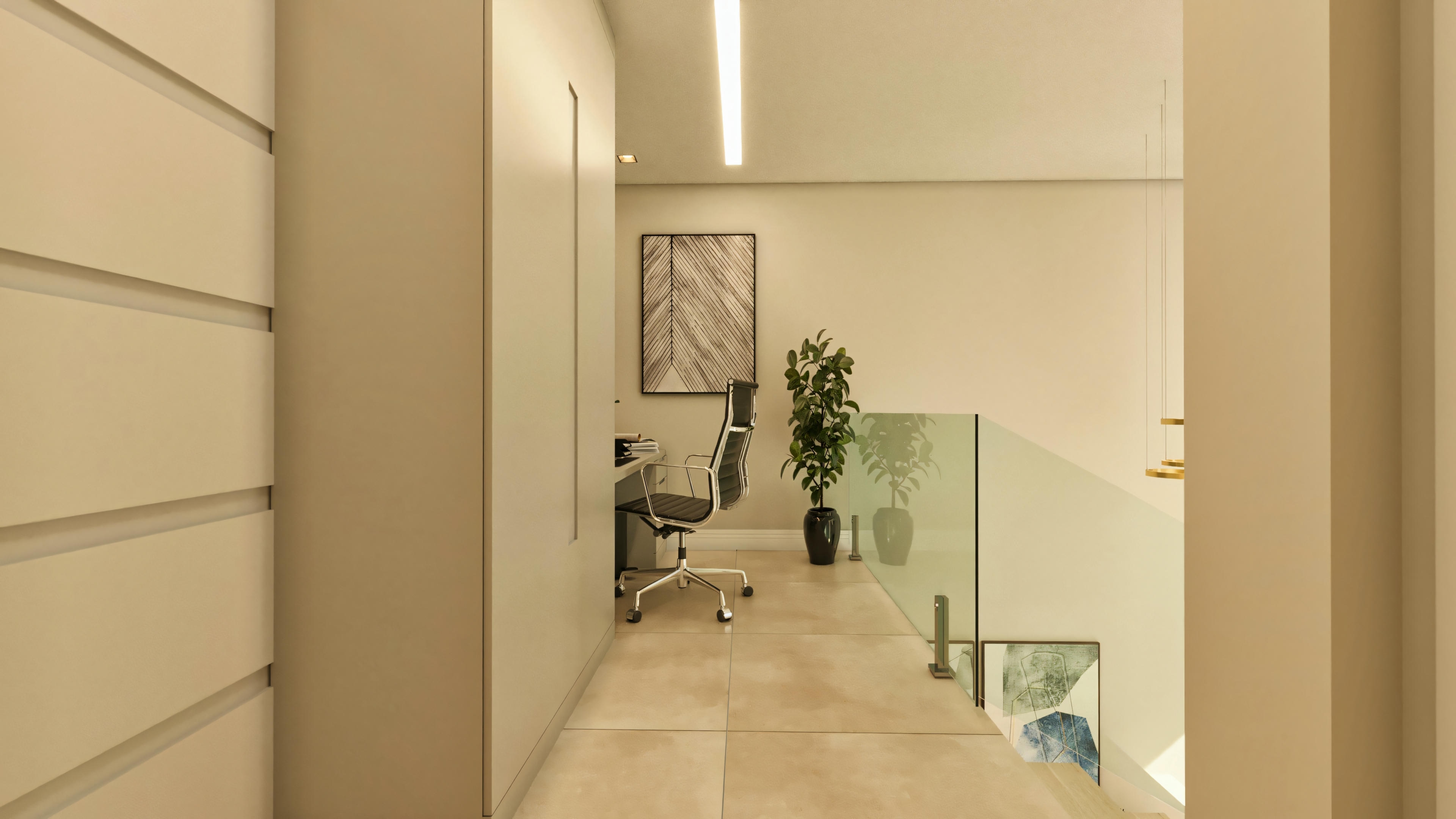 Recibidor de circulación en el piso superior de casa de dos plantas moderna de 210m², llevando al home office delimitado por barandilla de vidrio, con armarios planificados en la pared lateral.