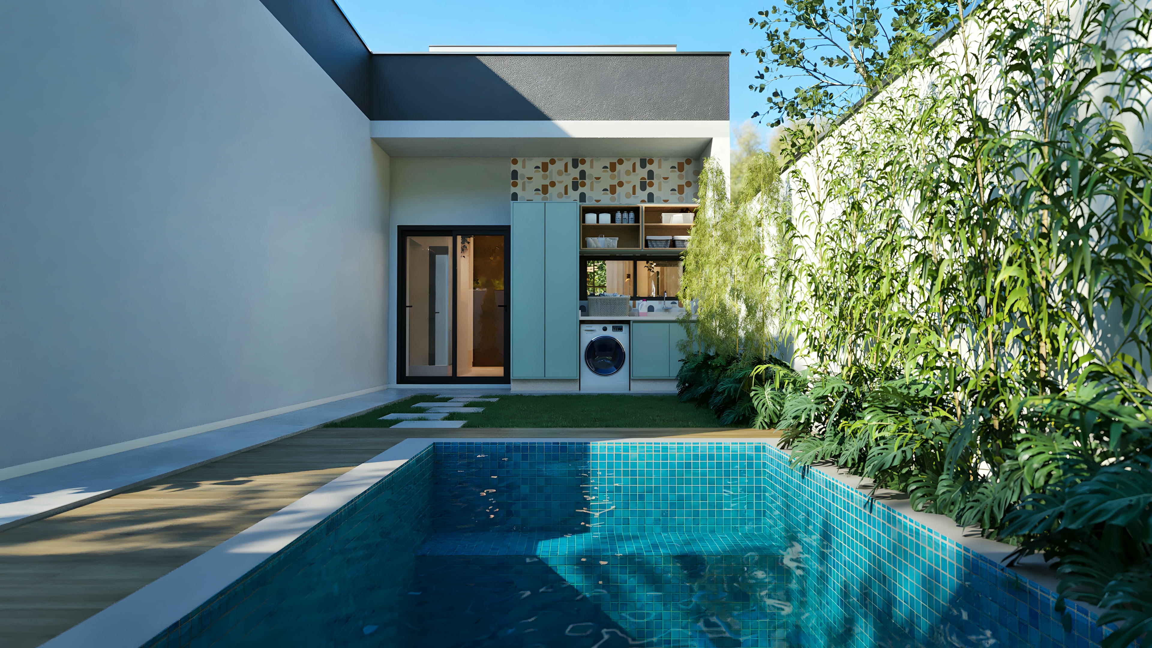 Piscina en plano de casa pequena.