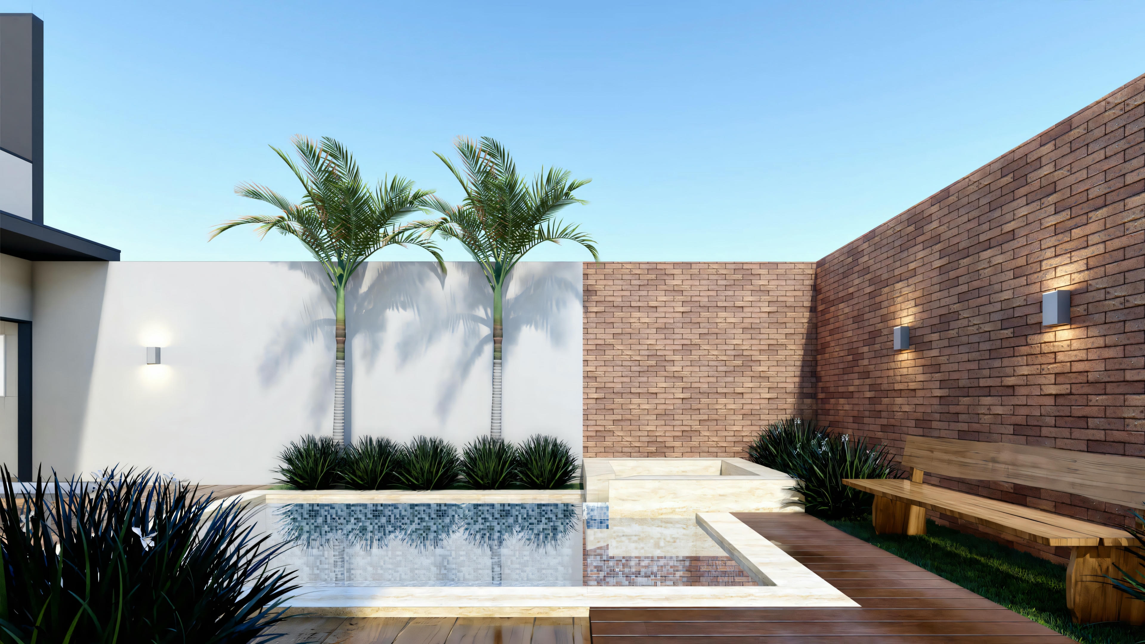 Outdoor area with patio, pool, and lounge chairs, surrounded by high walls for privacy.