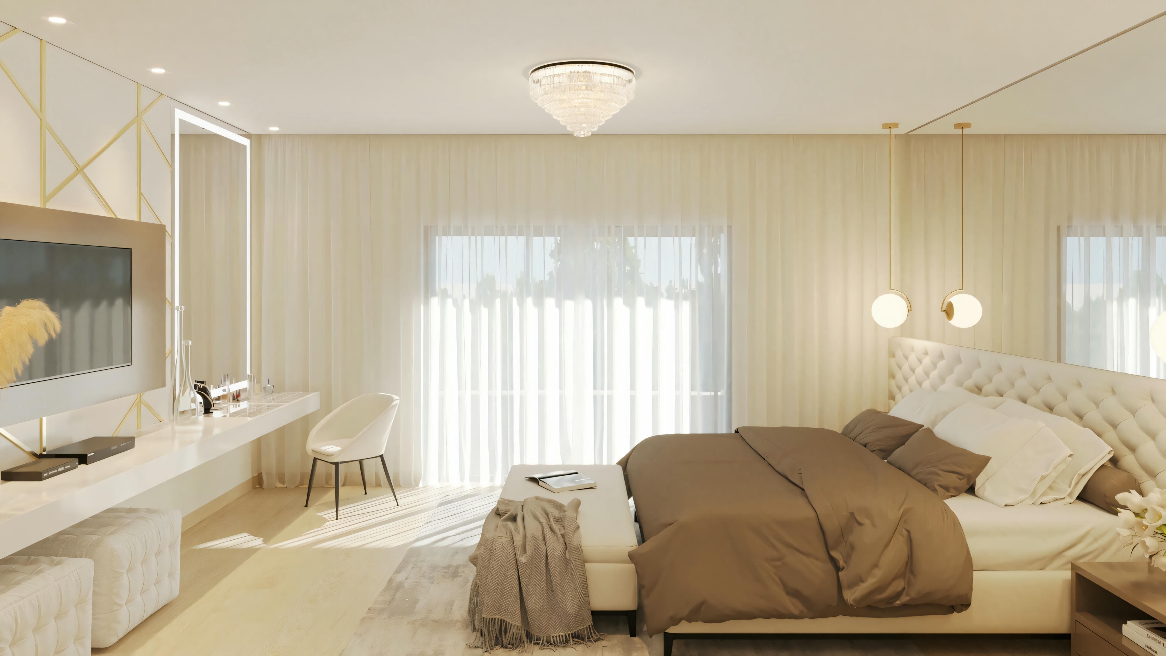 Cuarto de la suite principal en el proyecto listo con 5 suites, decorado con panel de TV iluminado con detalles dorados, cabecera tapizada, colgantes y espejo amplio.