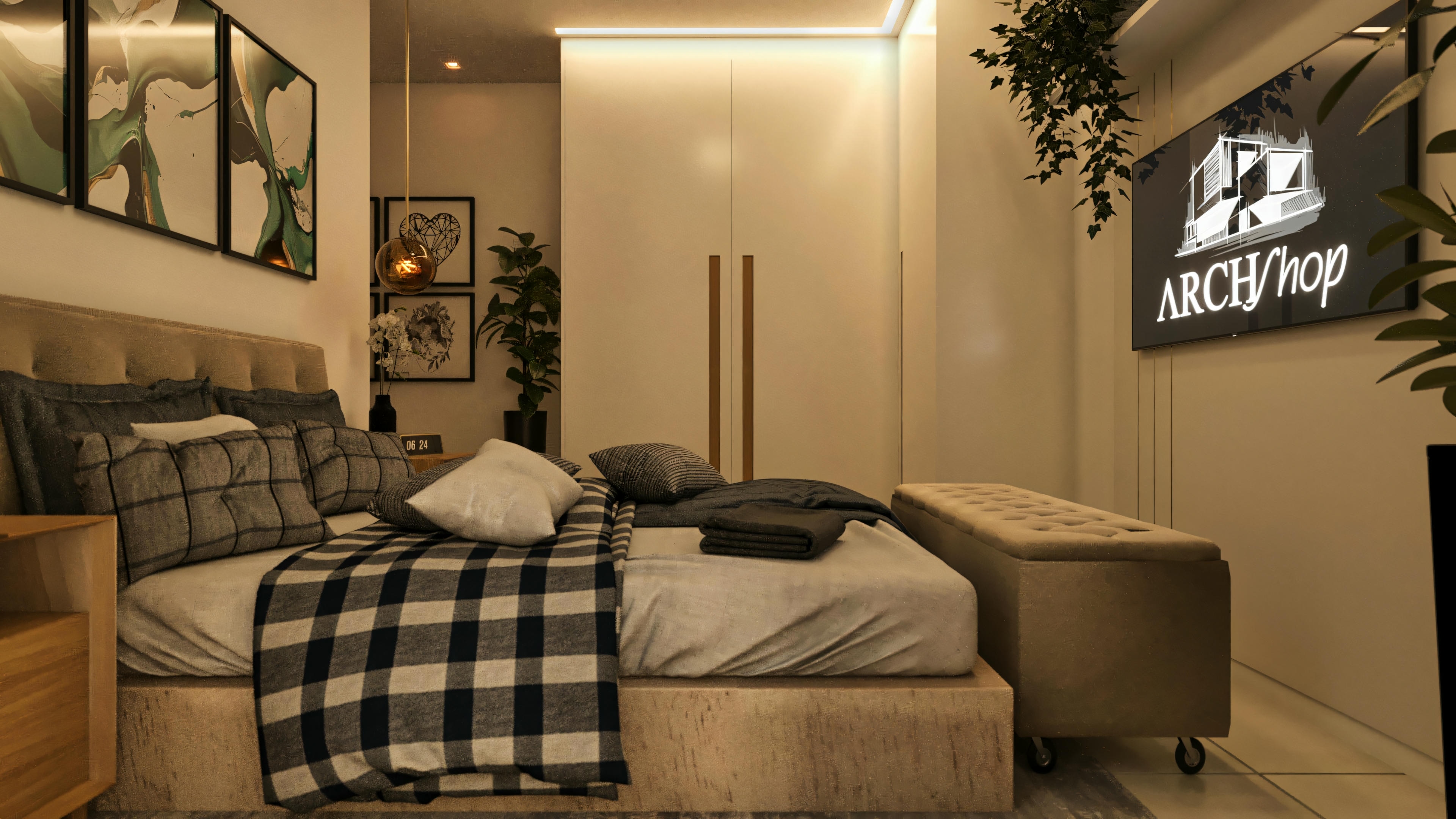 Otra vista de la misma habitación, enfocándose en la cama y la mesita de noche.