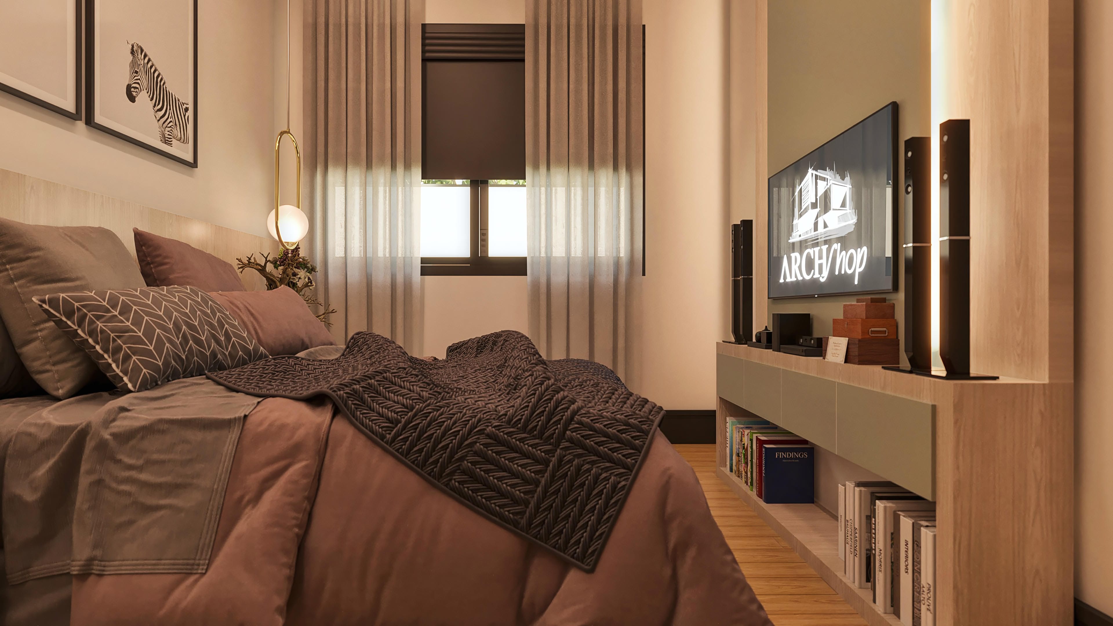 Interior de um quarto moderno com cama confortável, mantas texturizadas, quadros decorativos e estante com TV.