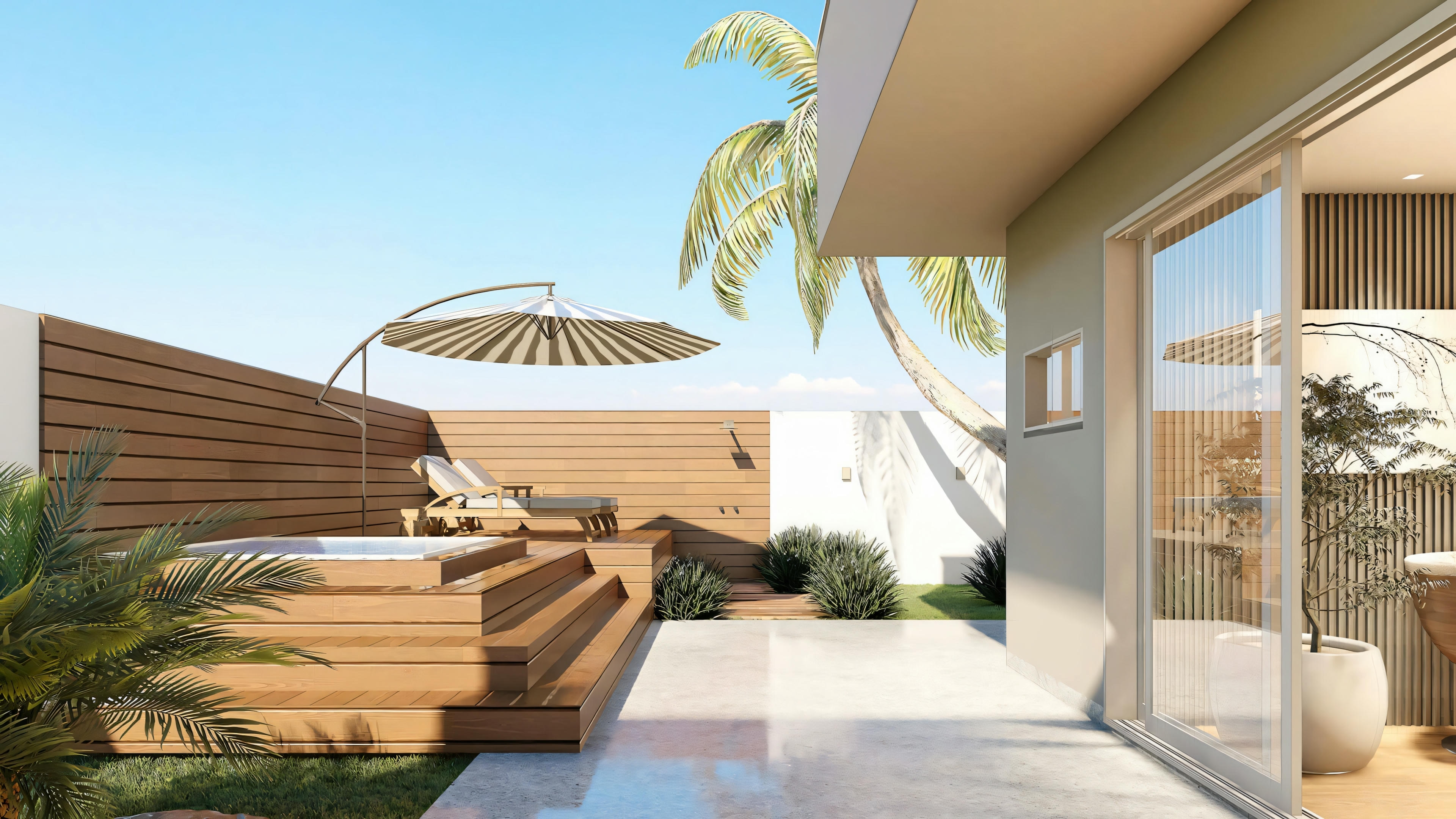 Outdoor area with seating options and view of a contemporary building with large windows.