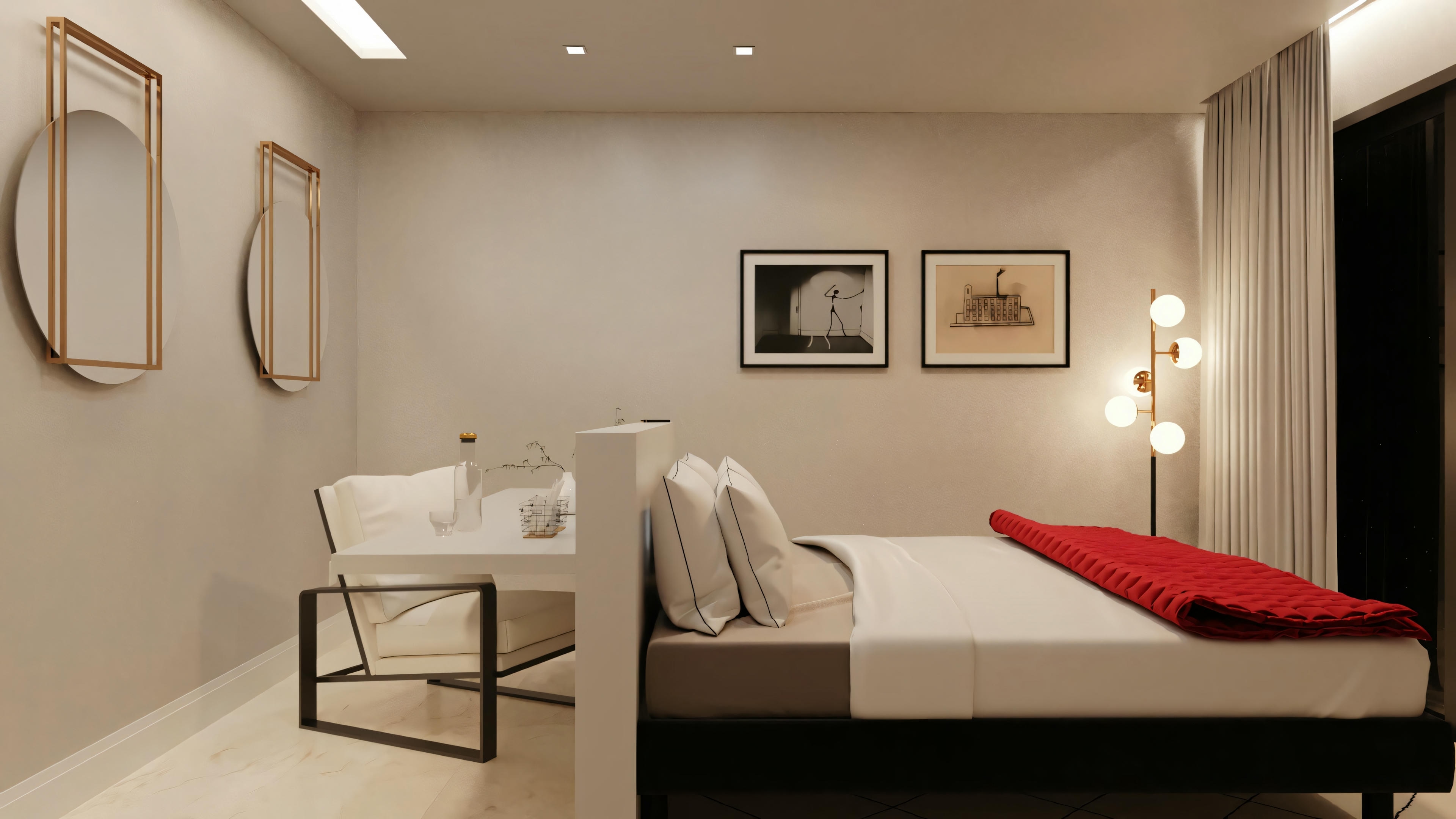 Sala de estar con muebles elegantes e iluminación empotrada.