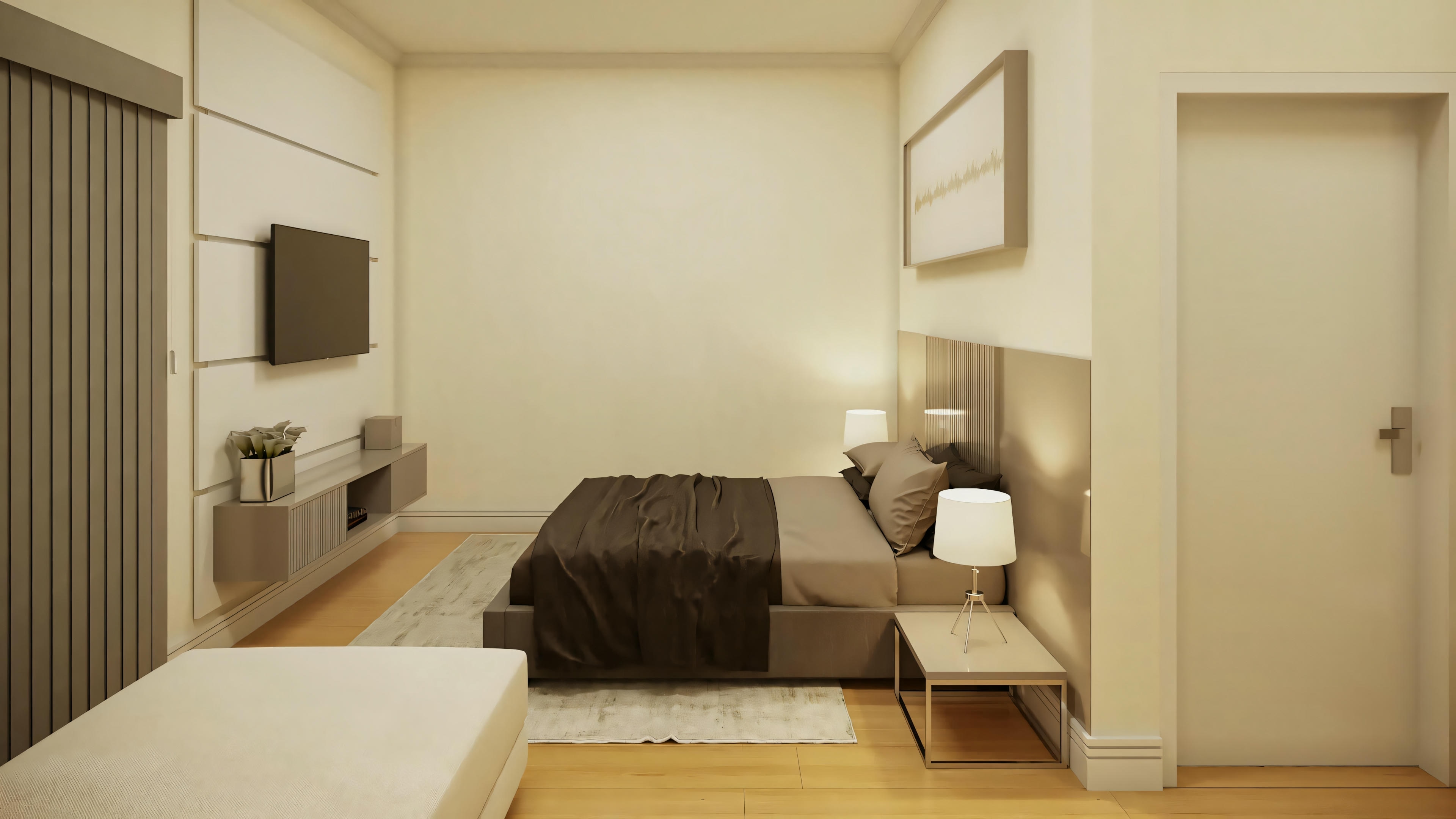 Segunda suite decorada en el plano listo de casa con 3 suites y área gourmet. Dormitorio con panel de TV listonado y cabecera tapizada. Proyecto casa lista 368m².