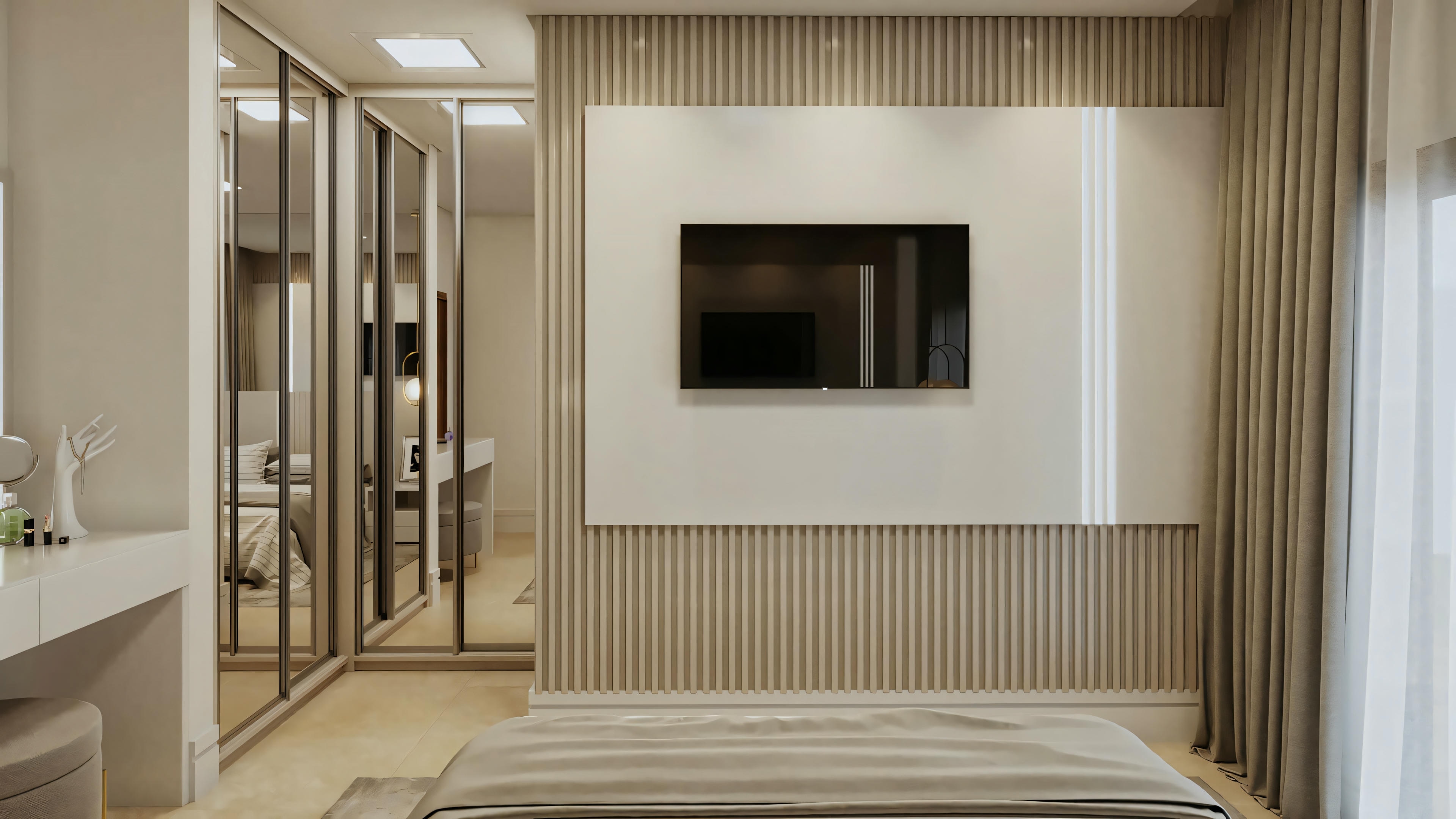 Front view of a suite bedroom of the ready-made single-story house project with 2 suites, showing the TV panel with slatted detail on the wall and a large planned wardrobe with mirrored sliding doors.