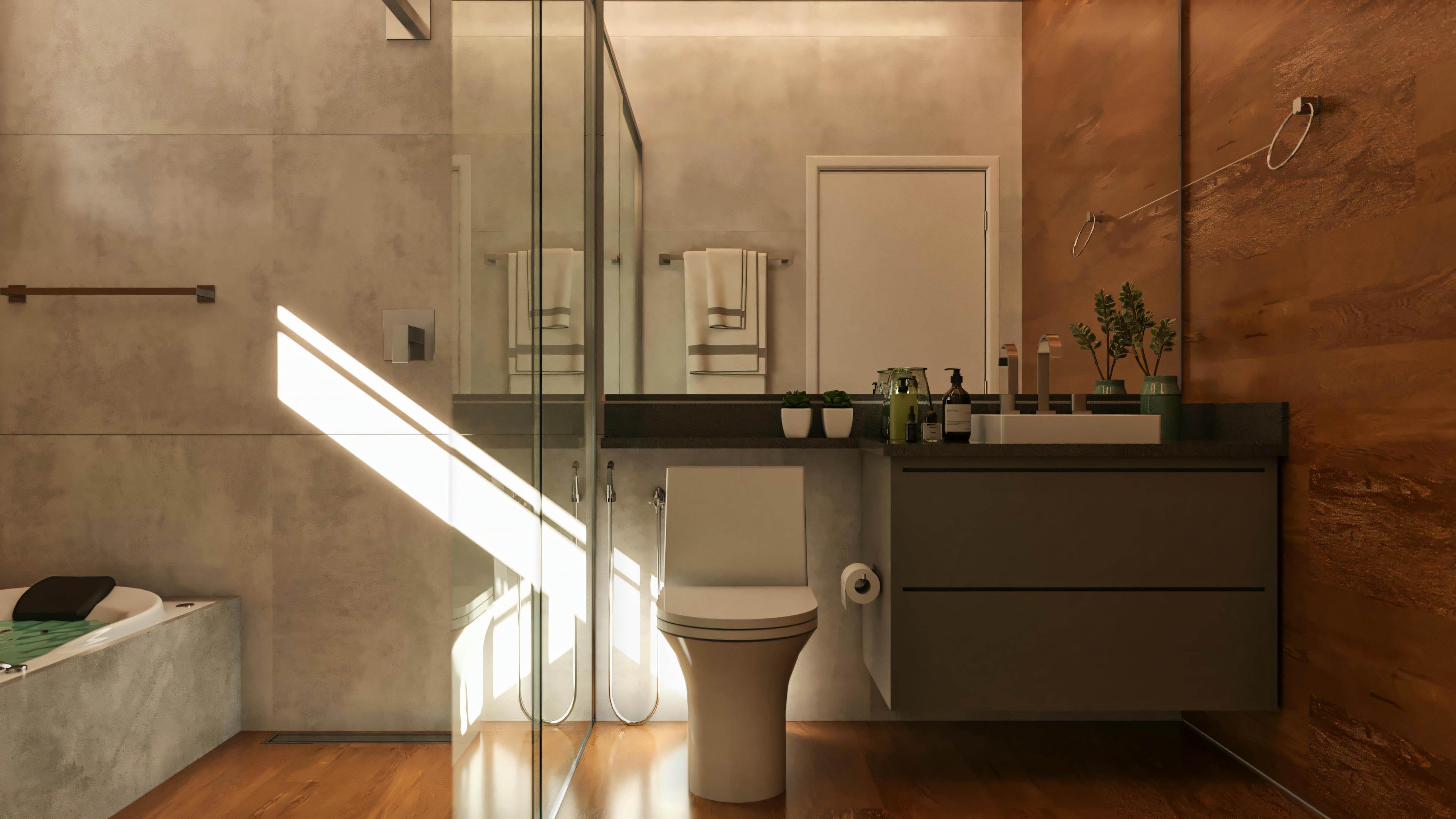 Modern bathroom of one of the 5 suites in a high-standard house, with a floating countertop, vessel sink, large mirror, shower enclosure, and textured wall cladding.