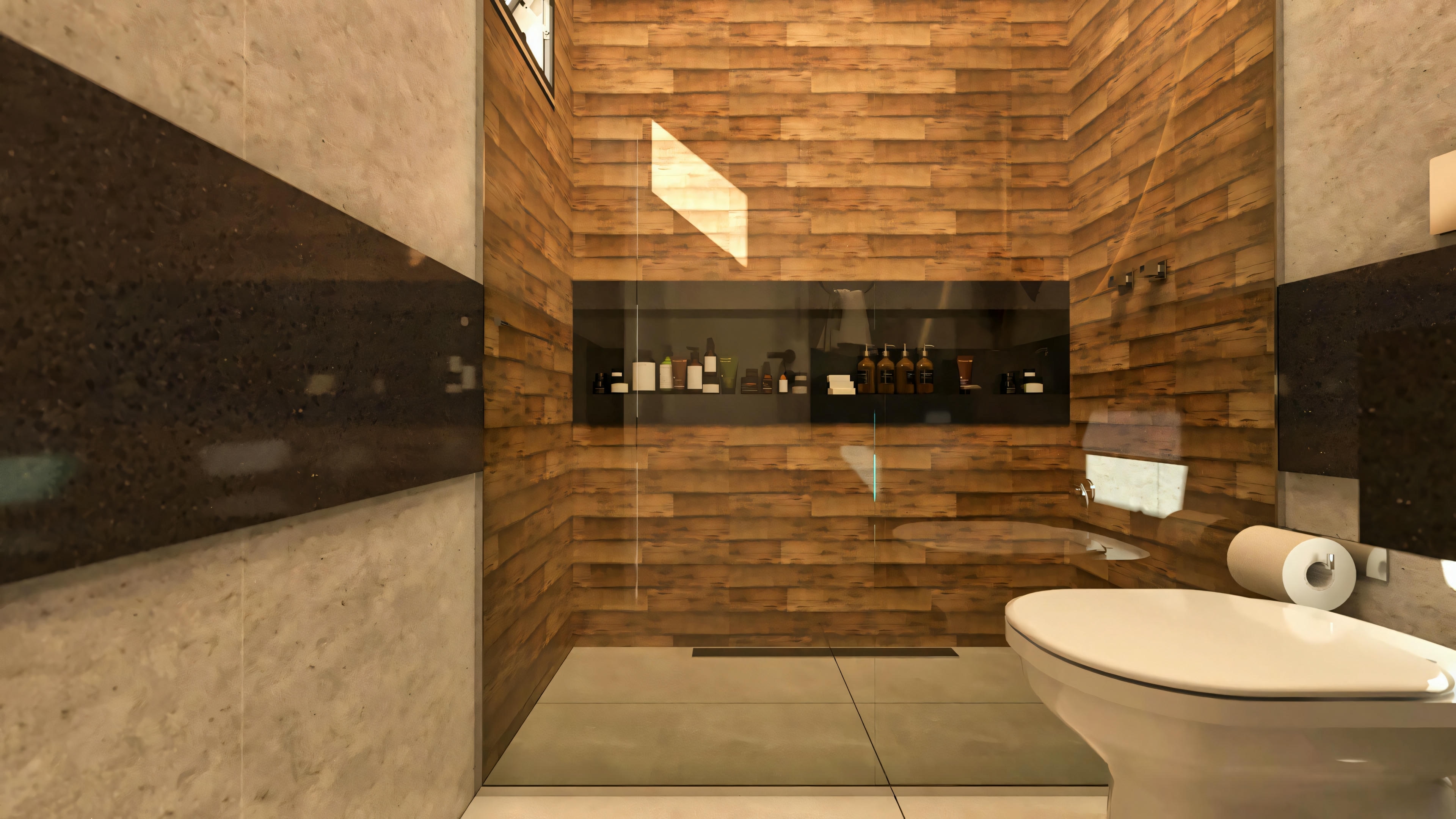 Suite bathroom in a bungalow house project with 3 suites. Highlight for the shower area with wood-style cladding, built-in niche, and linear drain. This is one of the bathrooms in the 276.43m² bungalow house with 3 suites, an office, and a gourmet area.