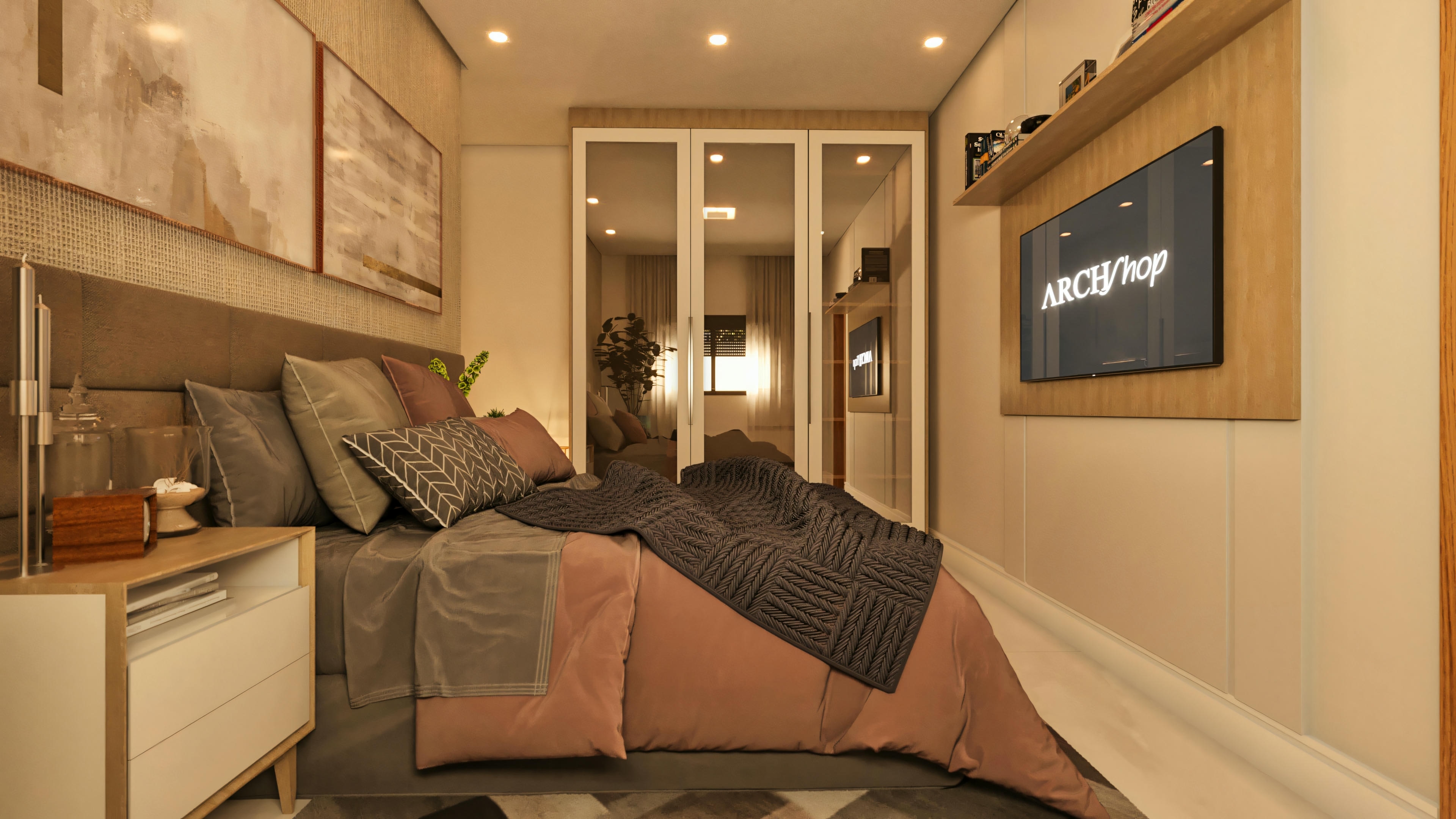 Vista lateral de la segunda suite matrimonial en casa moderna de 3 habitaciones, destacando panel de TV en madera, armario con puertas espejadas, cama con ropa de cama en tonos rosa y gris, y cabecero tapizado.