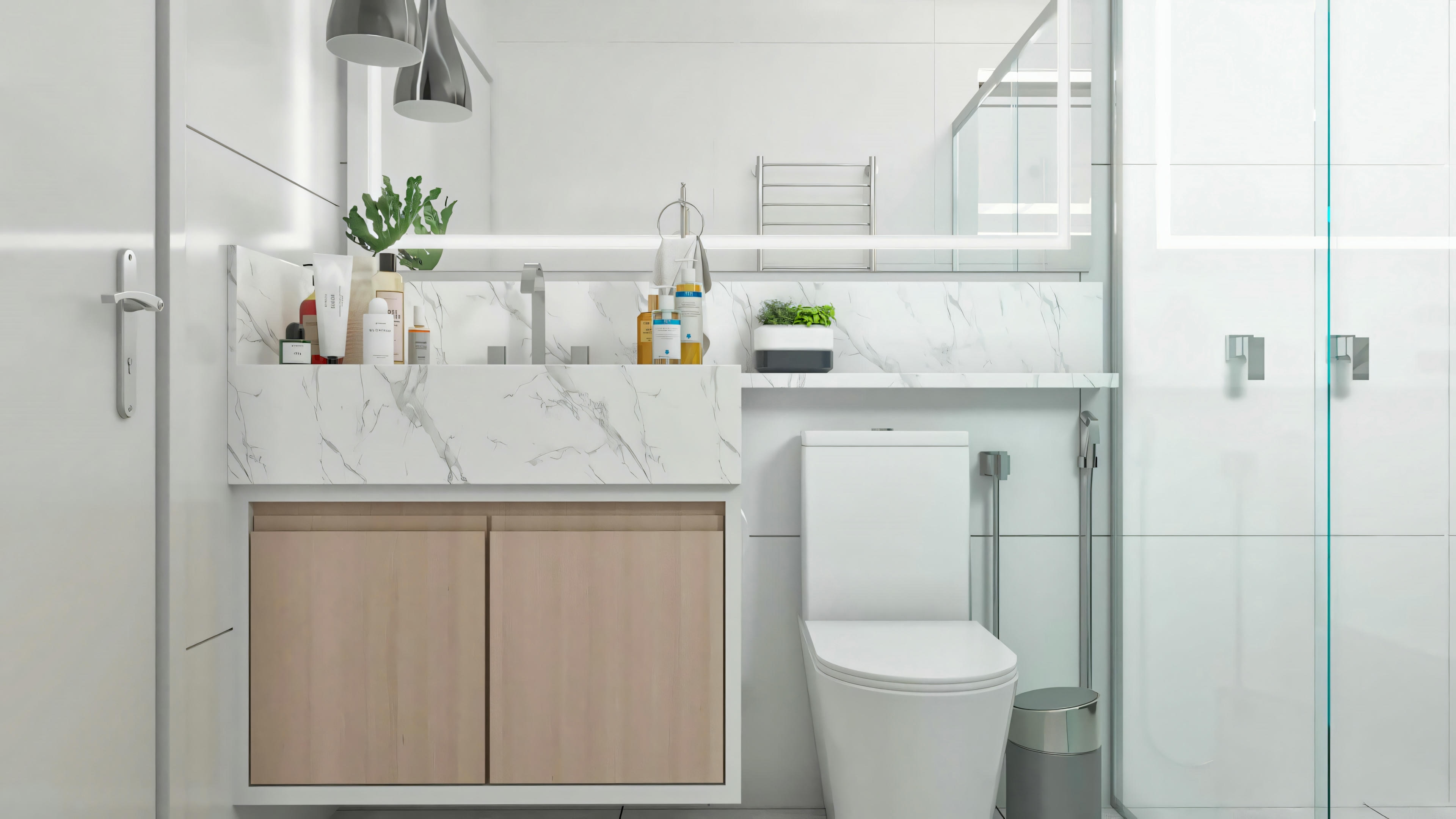 Design of one of the 5 bathrooms in the 194.7m² two-story house on a 10x25 plot. Light-toned environment with a countertop and integrated marble-effect sink, wooden cabinet, shelf, mirror, toilet, and shower stall with white cladding.