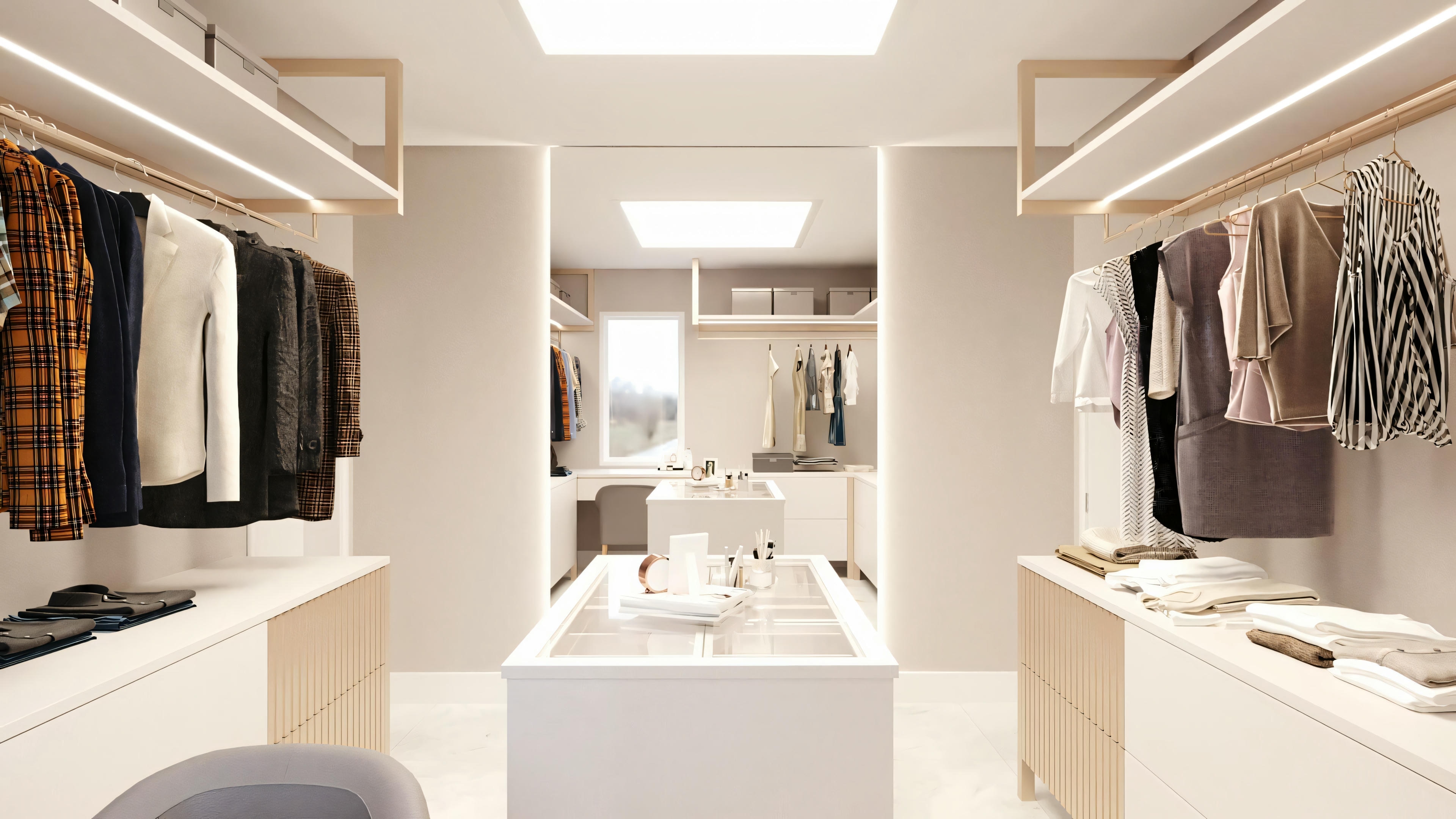 Um closet moderno e iluminado com roupas organizadas, prateleiras e uma ilha central com gavetas.