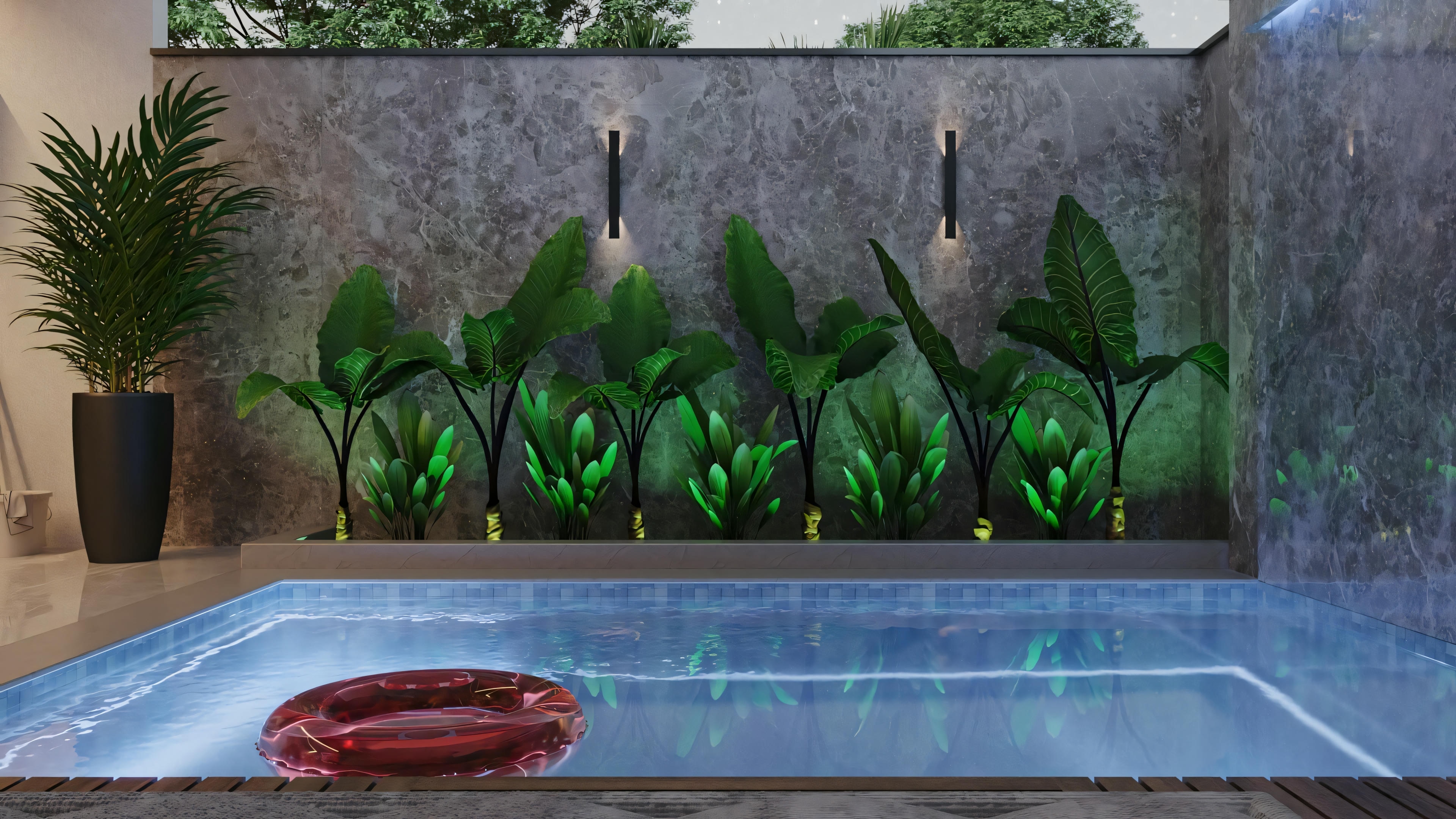 Zona exterior con pared adornada con plantas verdes y una pequeña piscina con agua azul clara, junto a un objeto circular rojo que podría ser un asiento o decoración.
