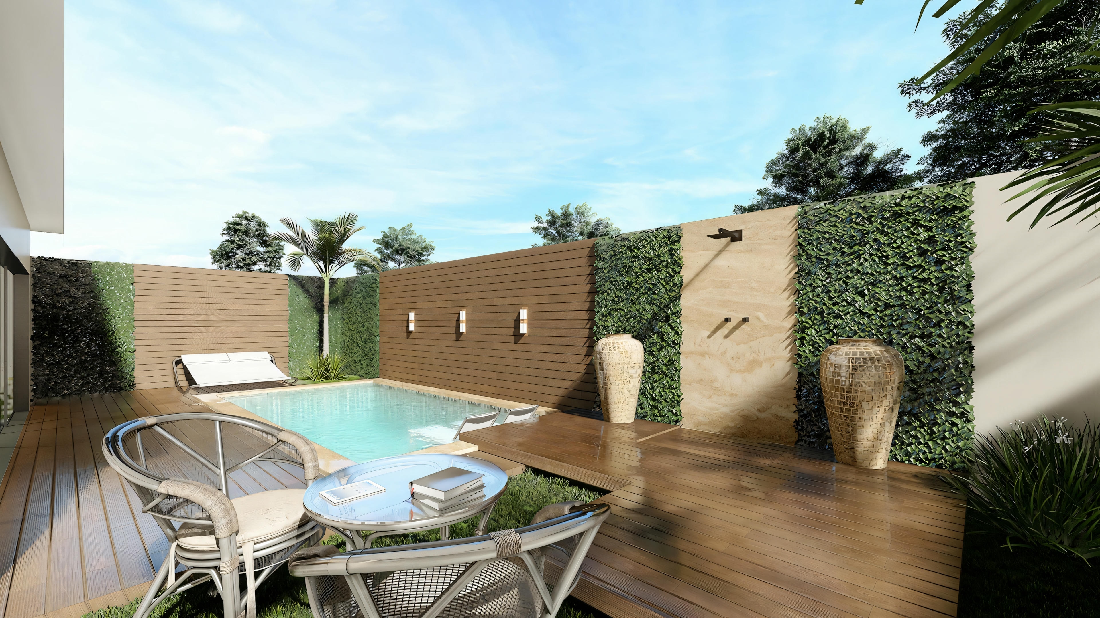 View of a backyard with a pool, wooden deck, and a modern house with glass doors.