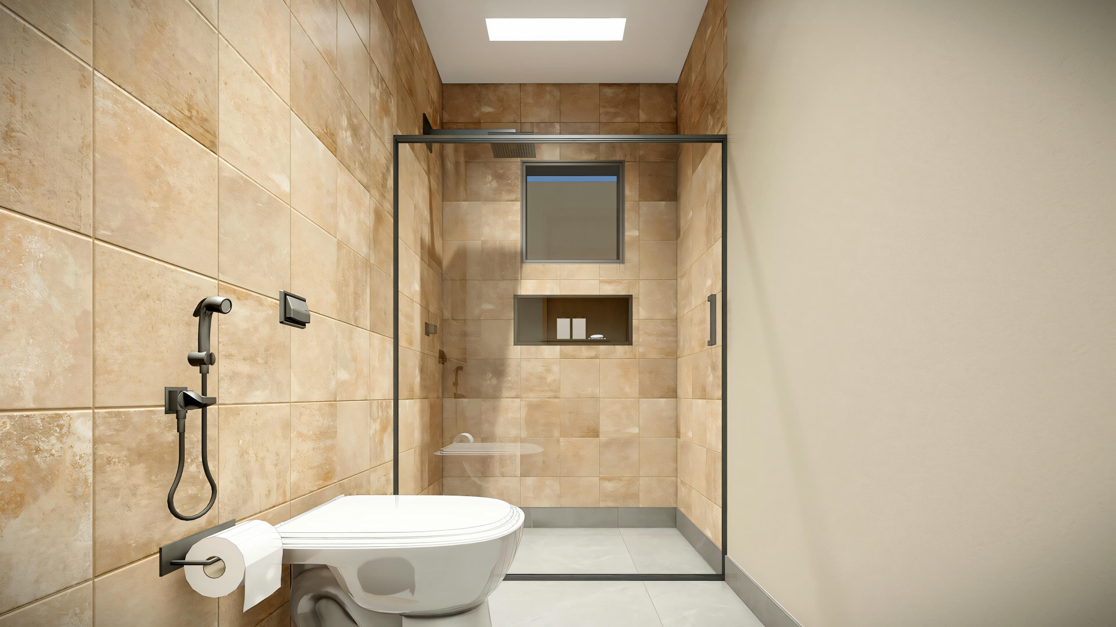 Um banheiro com azulejos bege, apresentando um vaso sanitário e um bidê, com uma área de chuveiro visível ao fundo.