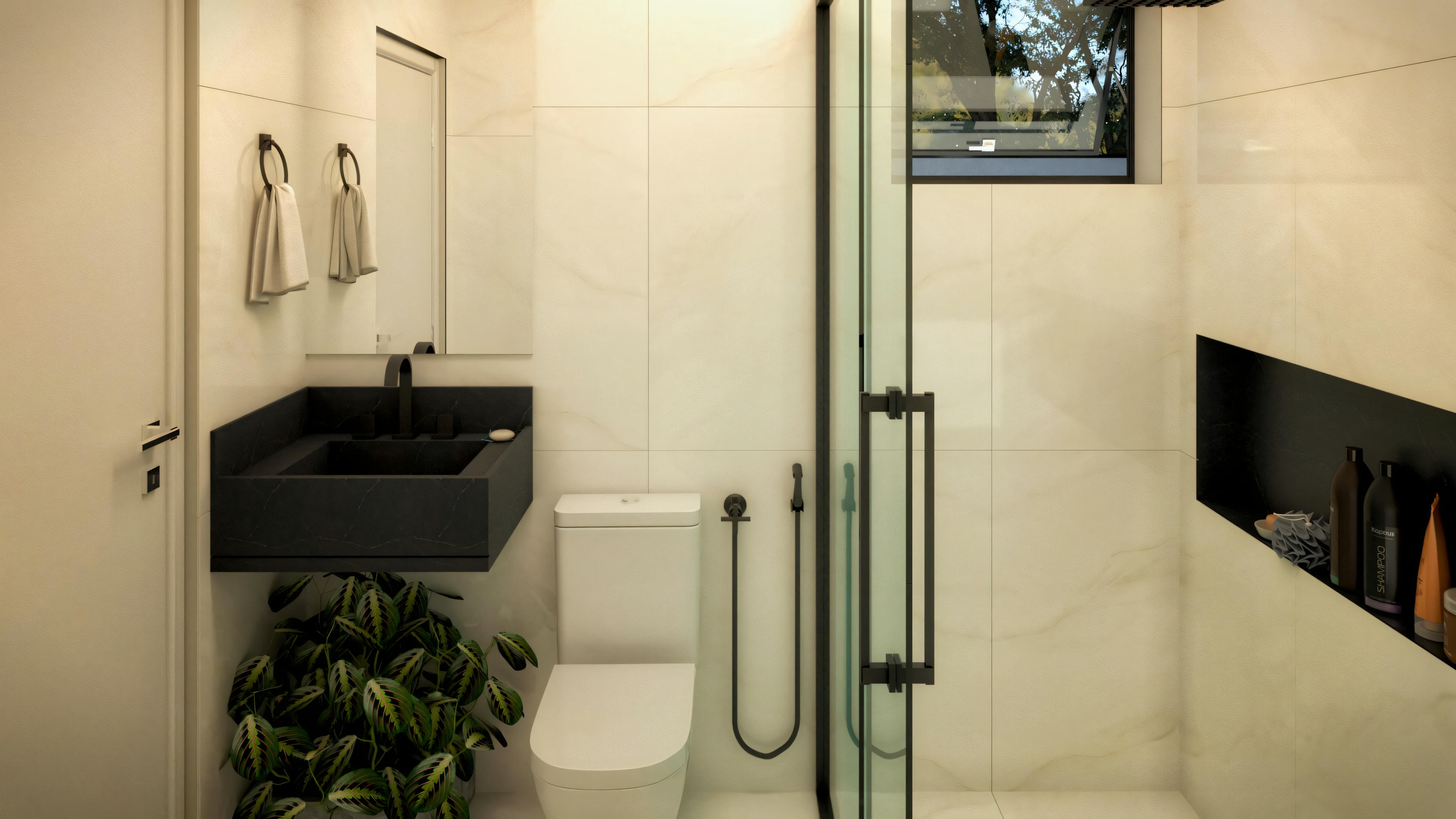 Baño o lavabo moderno en proyecto de casa de planta baja com 3 suites. Se caracteriza por la bancada continua en granilite o granito claro, nicho inferior y paredes com revestimiento marmolizado claro. Uno de los baños de la casa de planta baja de 246.28m² com 3 suites.