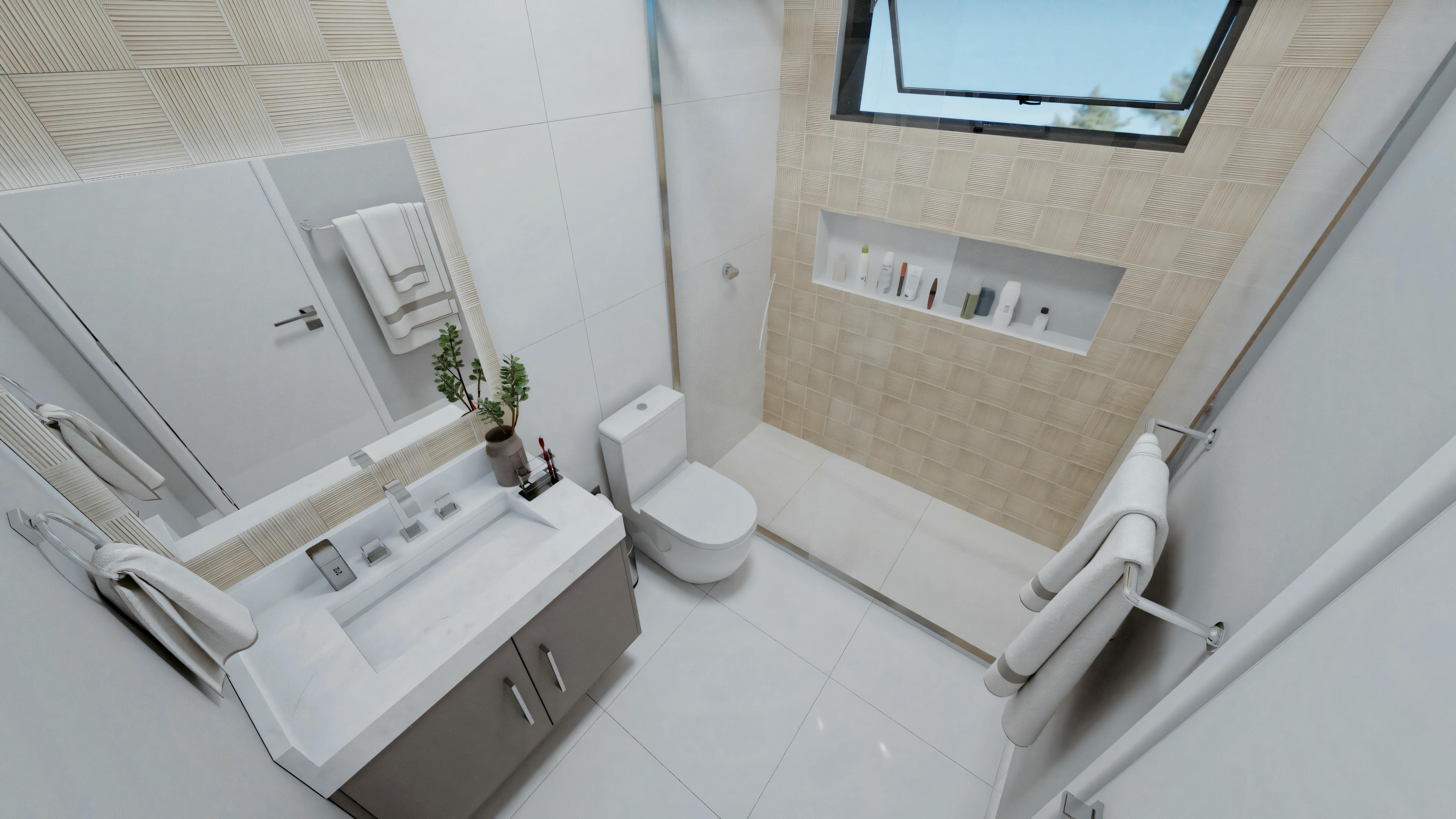 Baño con mampara de ducha de vidrio a la izquierda, mueble de lavabo blanco con encimera de mármol y espejo encima.