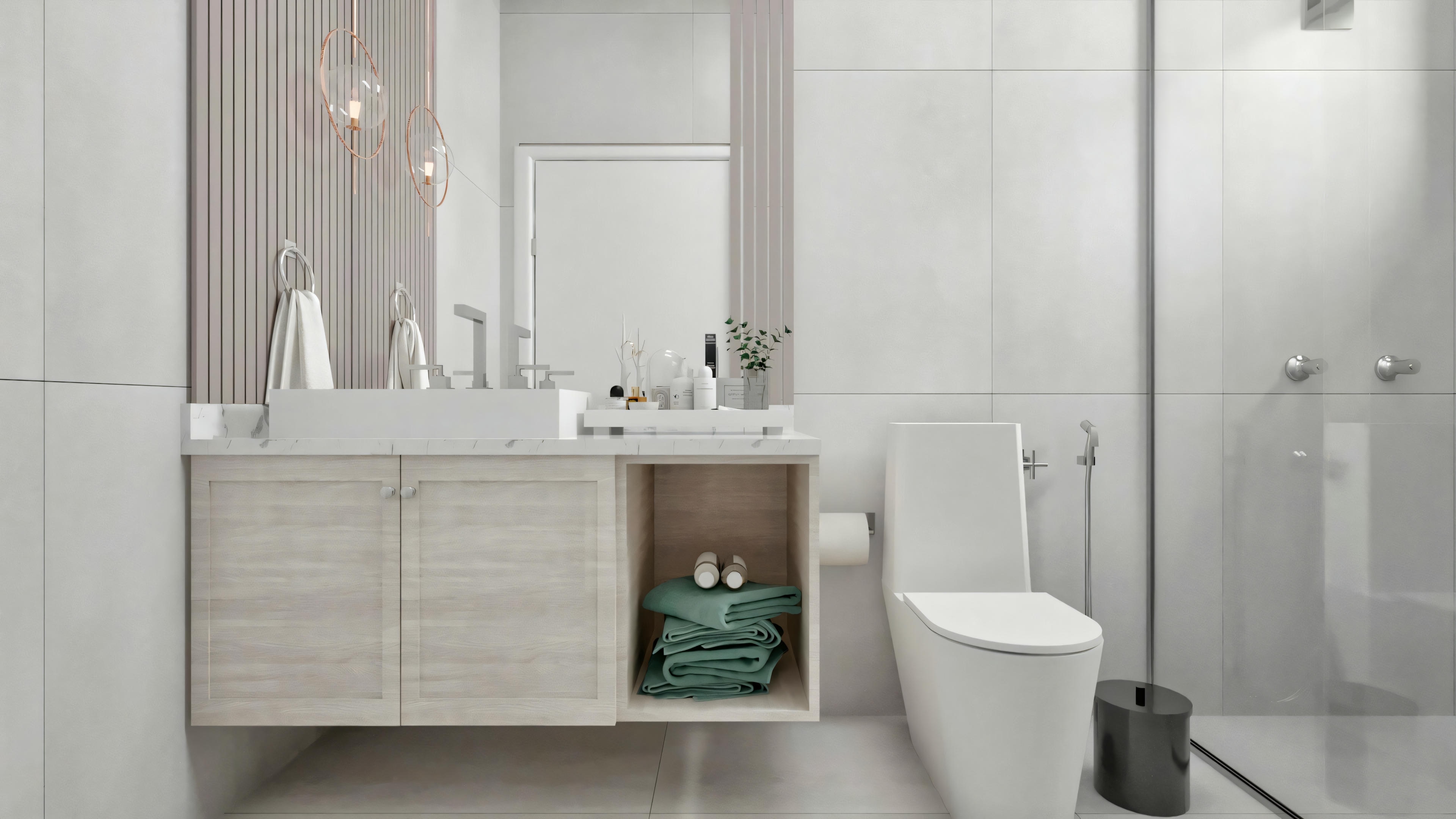 Baño moderno con esquema de colores blanco, presentando un lavabo con gavetas y estantes con toallas verdes, inodoro y armario con espejo arriba del lavabo.
